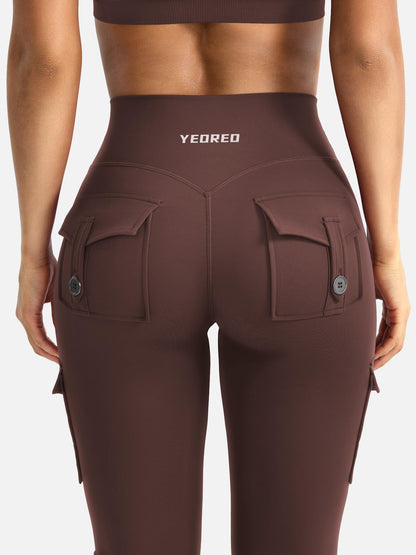 YEOREO CoreFlex Women Workout Flare Leggings with Pockets Hidden Scrunch Cargo Gym Yoga No Front Seam Leggings Chocolate XS