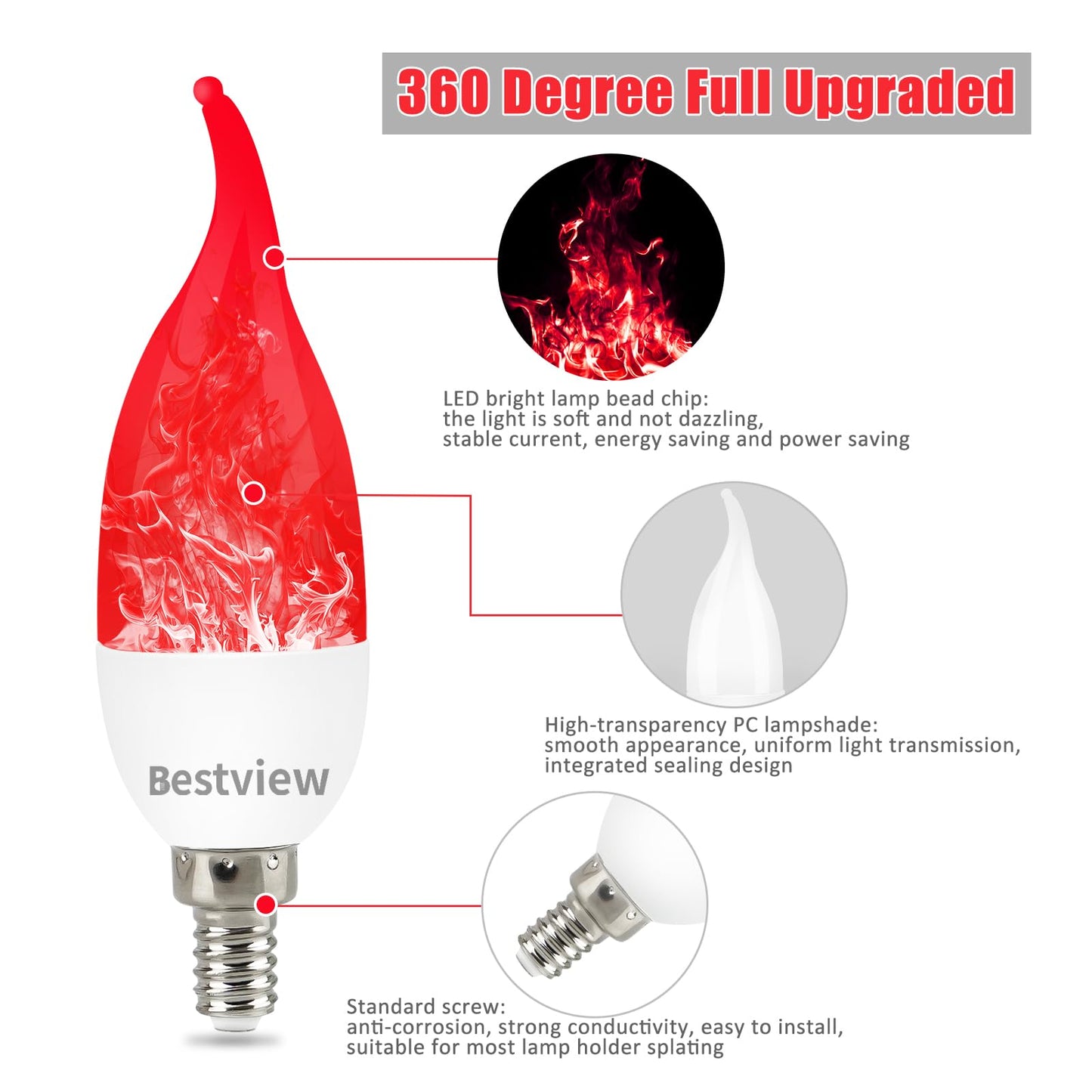 Bestview LED Flame Effect Light Bulbs,3 Modes Flickering Light Bulbs, Smart E12 Chandelier Base Candle Fire Light Bulb for Halloween, Christmas, Porch Indoor&Outdoor Home Decoration -6 Pack(Red)