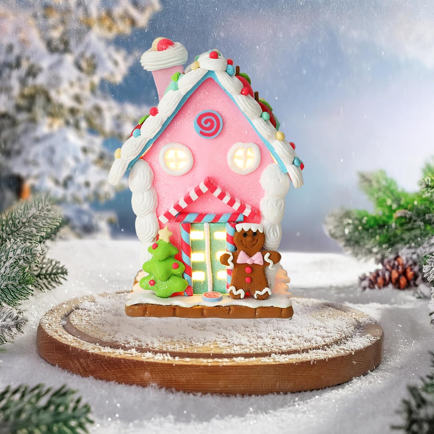 Christmas Pastel Gingerbread House Ornaments Decorations,Soft Clay Pastel Pink Small Candy House Christmas Ornaments with Light for Christmas Tree Hanging Pendants Xmas Tabletop Decoration