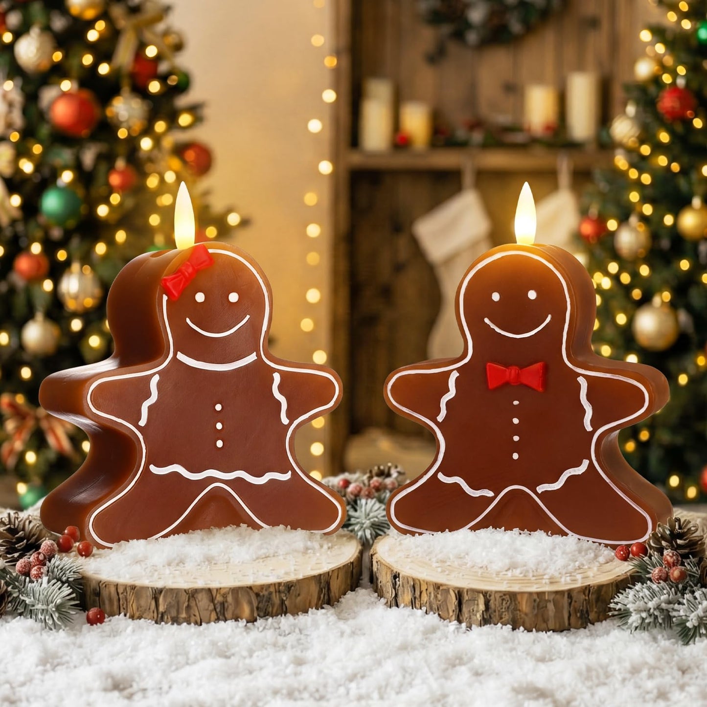 VIHOSE 2 Pcs Christmas Gingerbread Man Flameless Candles 4.53 x 5.59 x 2.76 inch Real Wax Gingerbread Man Battery Operated LED Candles Christmas Table Decoration for Xmas Winter Home Table Decor