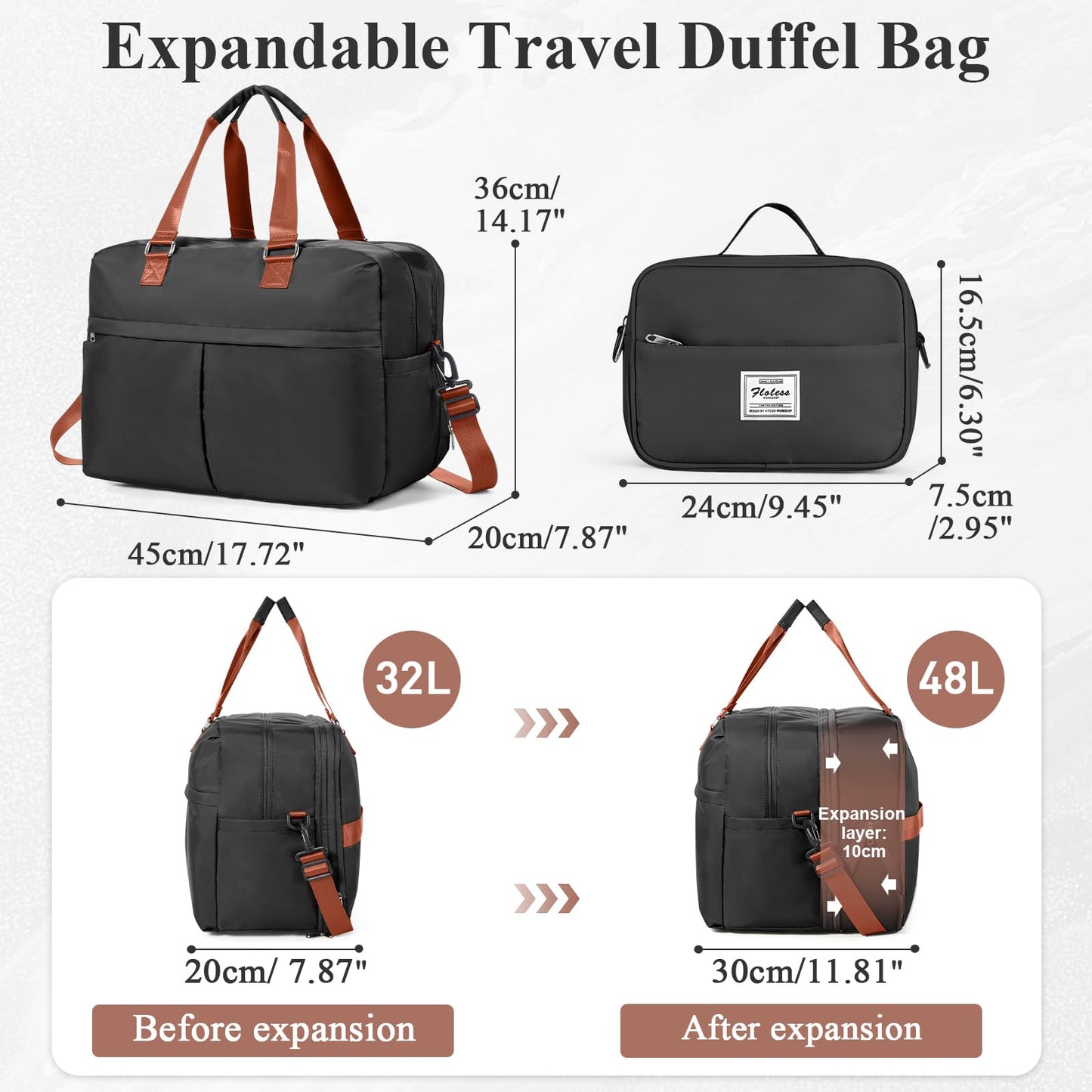 Expandable Personal Item Travel Duffle Bag Weekender Bag for Women Men, Overnight Hospital Carry On Bag with Toiletry Bag for Airplanes Travel Business Trips Sport,Black & Brown