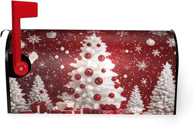 Festive Magnetic Mailbox Cover Red Christmas Tree Pattern Outdoor Mailbox Protector Holiday Seasonal Decorative Garden Yard Home Large Size 25.5 x 21 Inch