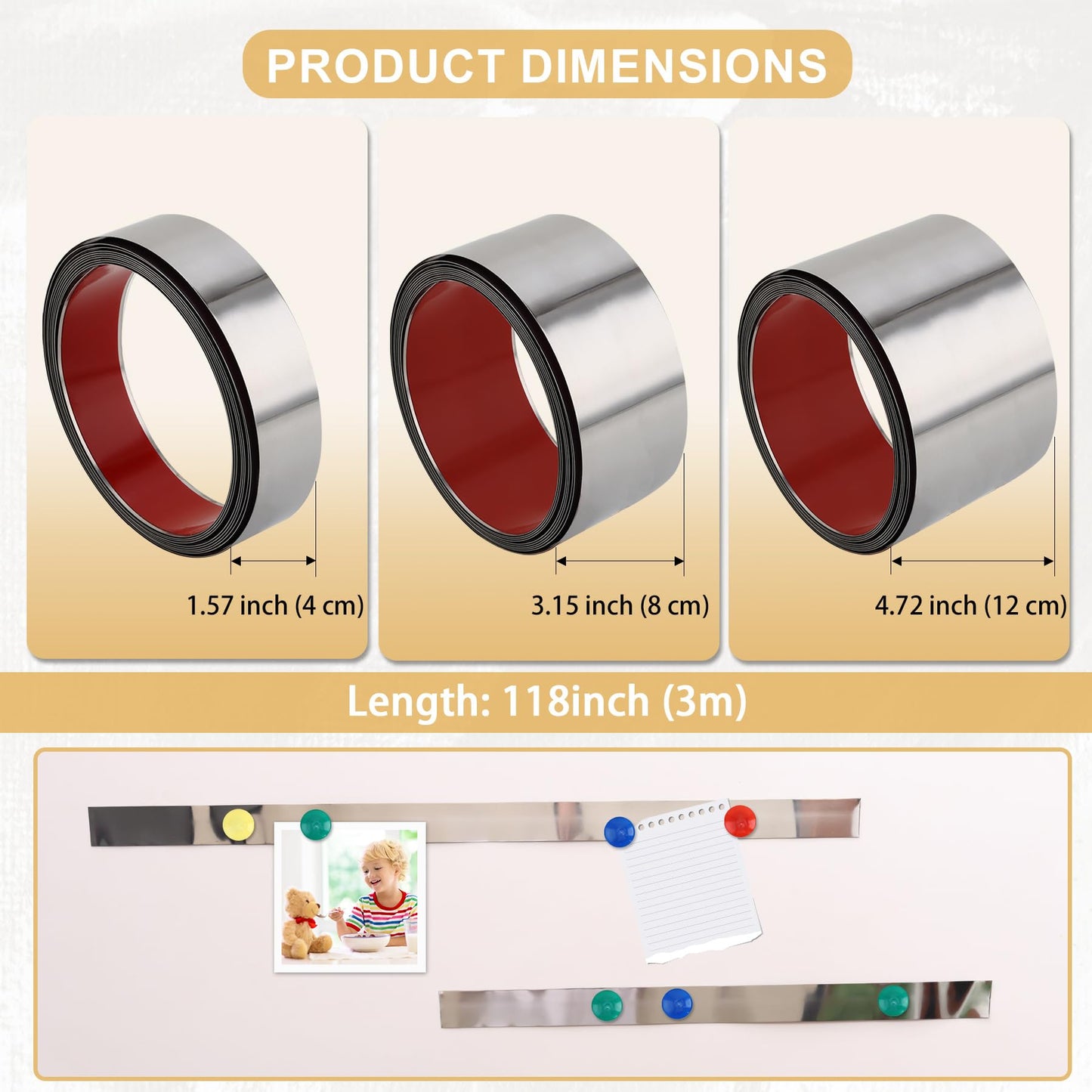 Soengsau 118" x 3.15" Flexible Self Adhesive Metal Strip for Magnets, Peel and Stick Ferrous Memo Tape for Bulletin Boards, Workshop, Office and School Use