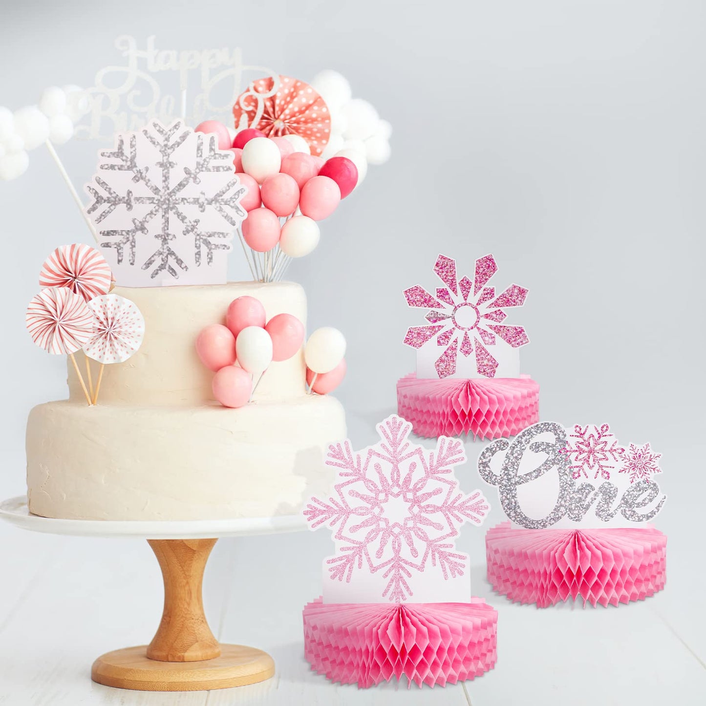 Lincia 12 Pcs Winter Onederland 1st Birthday Decorations Pink Snowflake Honeycomb Wonderland Table Centerpieces for Snowflake Birthday Party Supplies
