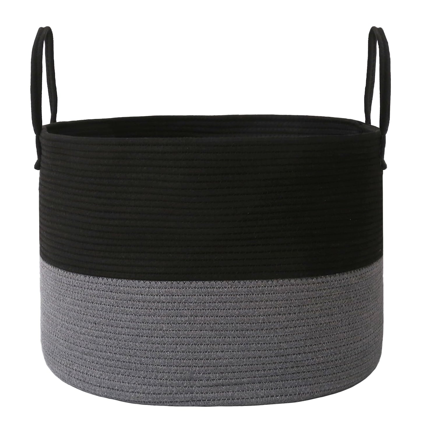 JMvicyroam 65L Extra Large Blanket Basket for Living Room - Woven Cotton Rope Laundry Hamper with Reinforced Handles - Storage Bin for Pillows, Comforters & Toys - Machine Washable,Black&Grey