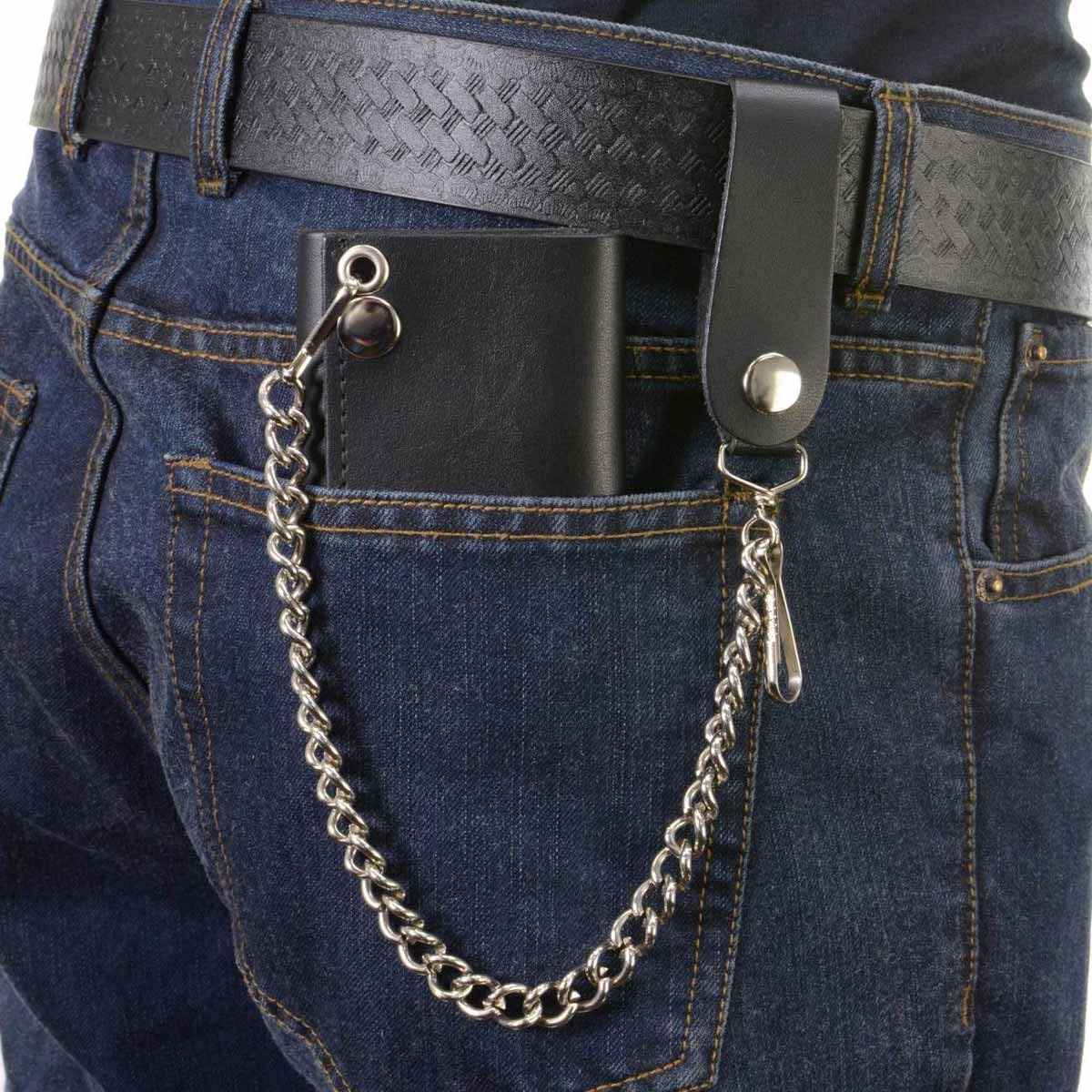 Milwaukee Leather MLW7831 Men's 4" Classic Black Plain Genuine Leather Tri-Fold Biker Wallet w/Anti-Theft Stainless Steel Chain - One Size