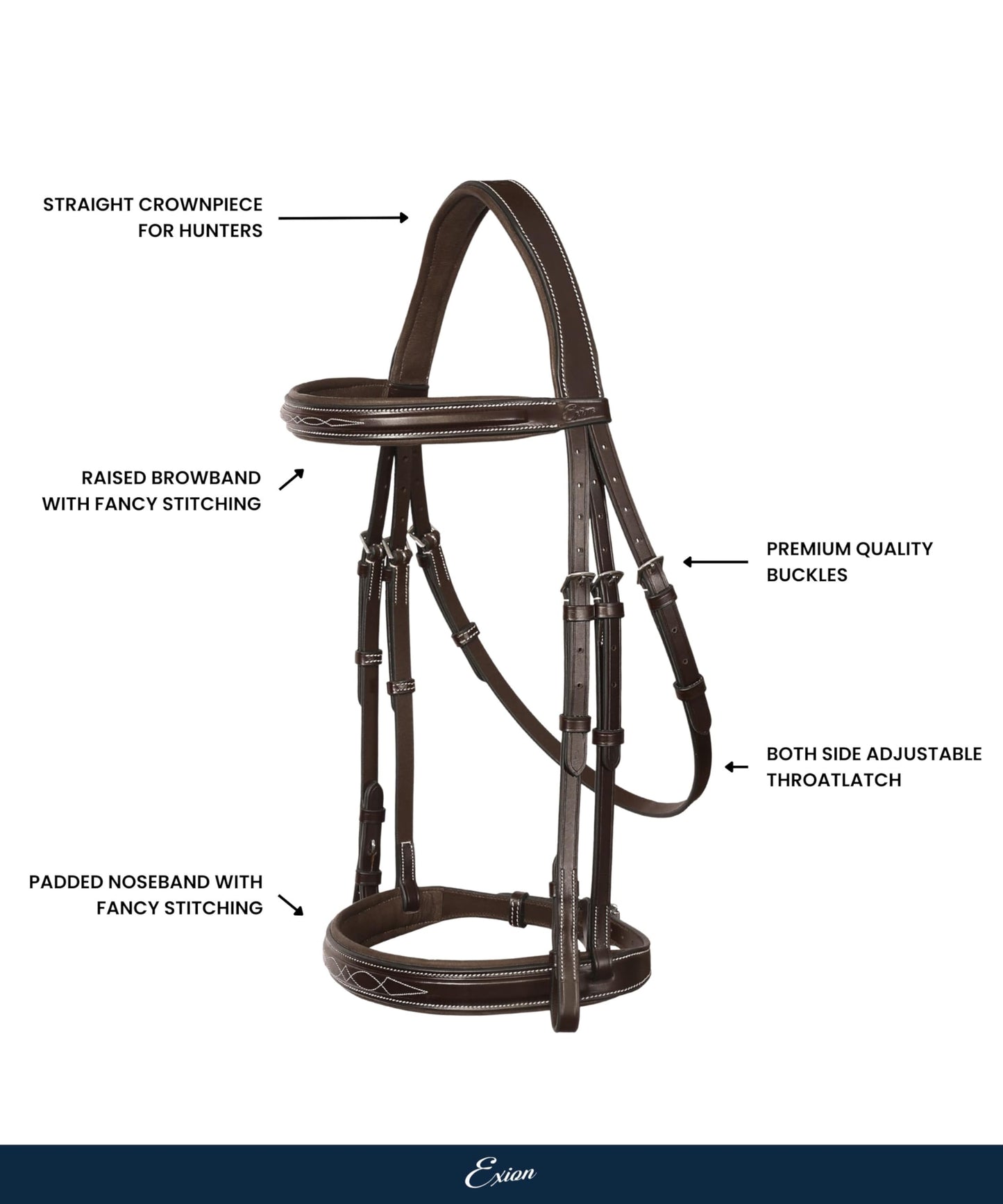 Exion Hunter Anatomic English Bridle – Padded Fancy Stitched Leather Bridle with Rubber Reins – Ergonomic Poll Relief Crownpiece for Jumping & Eventing – Stainless Steel – Havana Brown