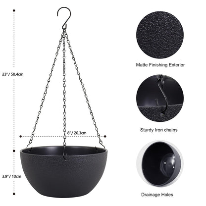 Meowell 8 inch Small Hanging Planters Plant Pots for Indoor Outdoor Plants, 2 Pack Hanging Flower Pots with Drainage Holes and Chain for Garden Porch, Plastic Hanging Baskets for House Plants, Black