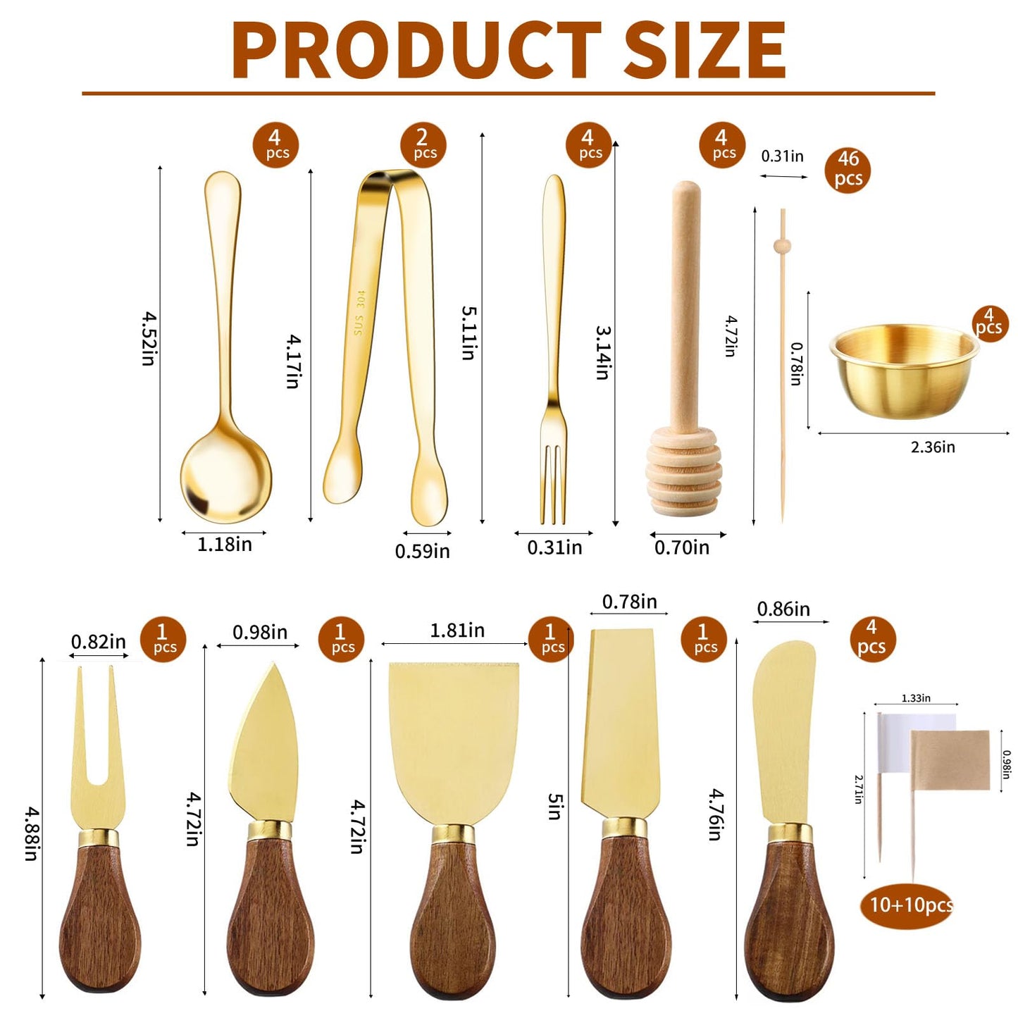46Pcs Charcuterie Boards Accessories Small Serving Utensil Set Cheese Butter Spreader Knives Mini Stainless Steel Cutlery Tong Spoon Fork Bowl Wooden Toothpick for Kitchen Wedding Christmas Gift(Gold)