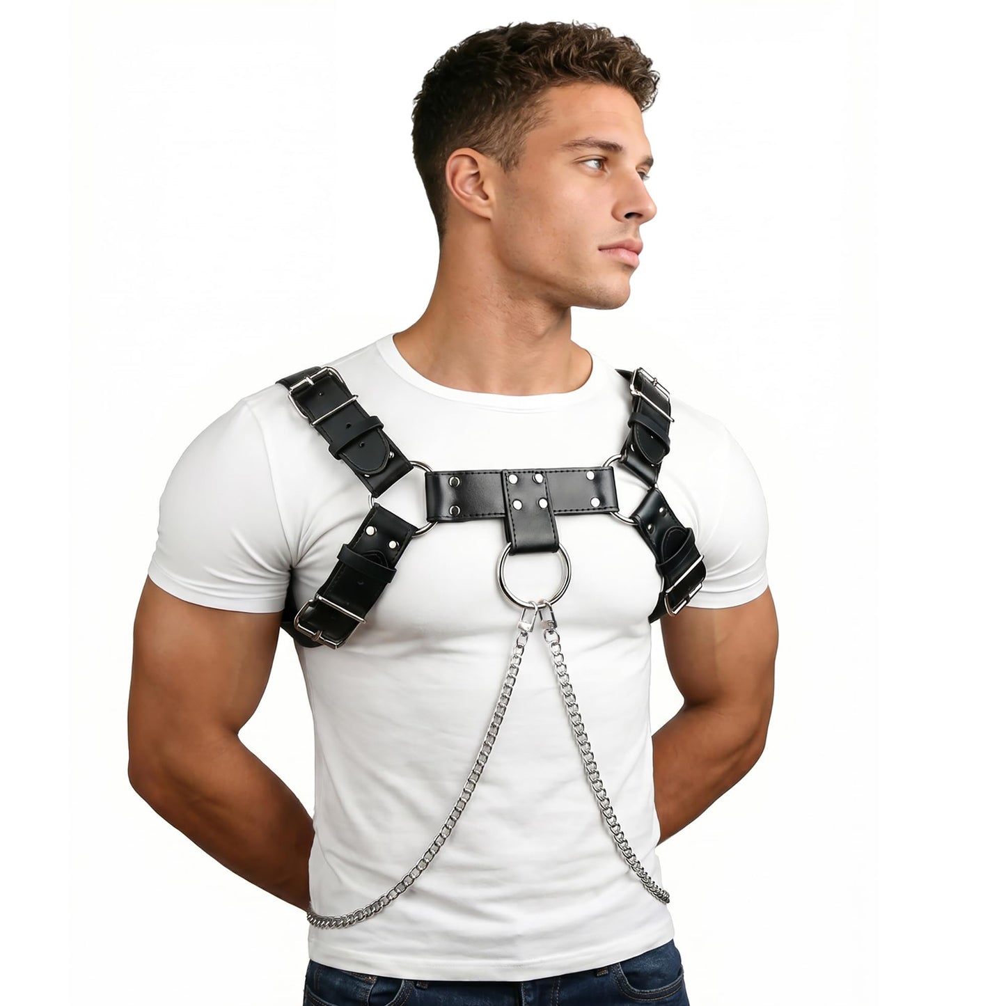 Brycarely Mens PU Leather Chest Harness Costume Cosplay Top with Chains, Adjustable Body Harness Shoulder Straps Male Punk Fashion Steatement Rave Outfit for Music Festival Party Halloween Cosplay