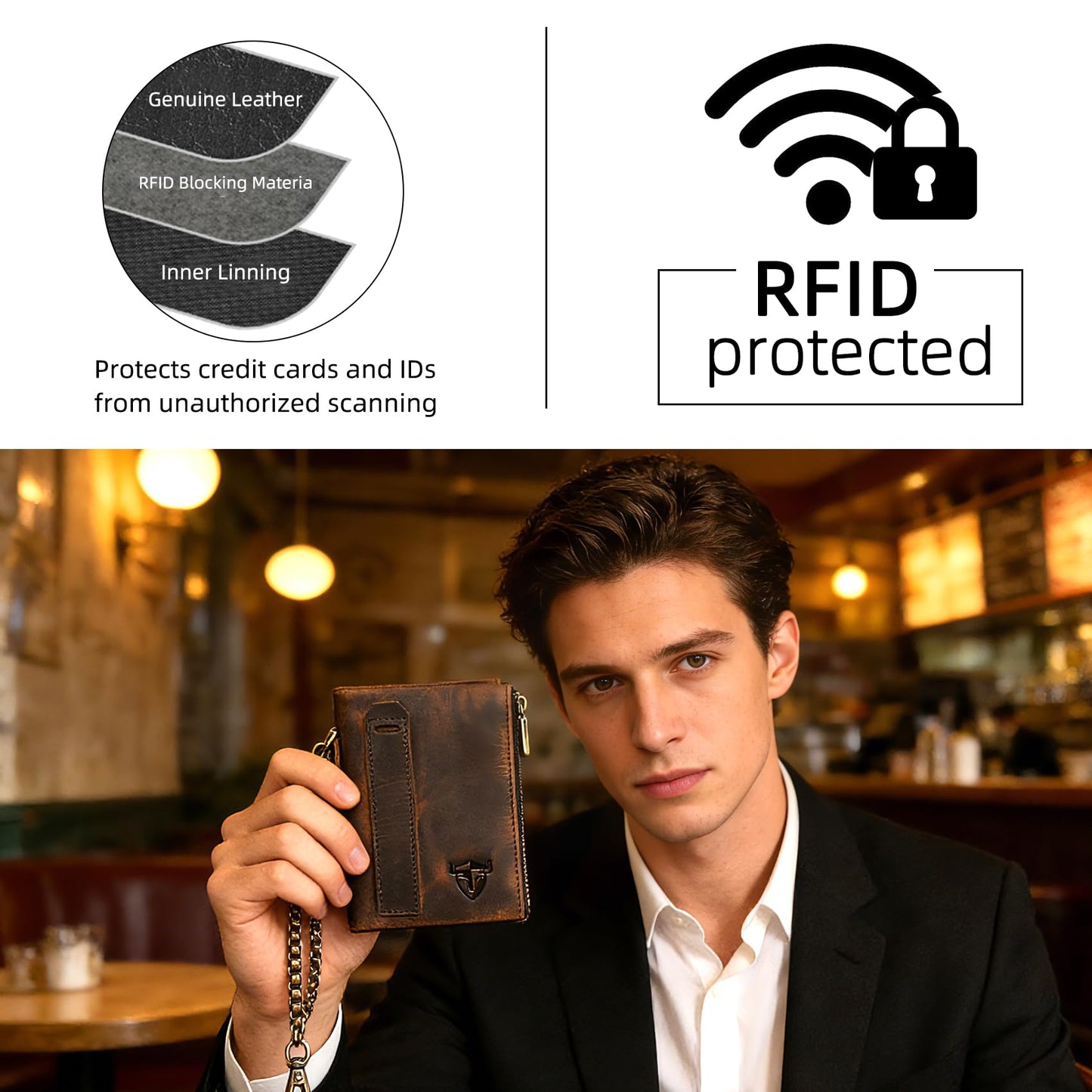 Handadsume Oil Wax Genuine Leather Travel Gift Coin Pocket Card Case Vertical Chain Rfid Wallet Purse With Snap For Men Male 1802 (Brown)