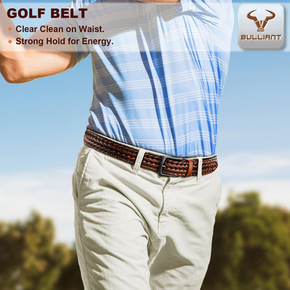 BULLIANT Men Belt 2Pack,Braided Woven Leather Belt For Men Golf Casual Jeans 1 3/8"(Black/Light Brown,28"-32" Waist Adjustable)