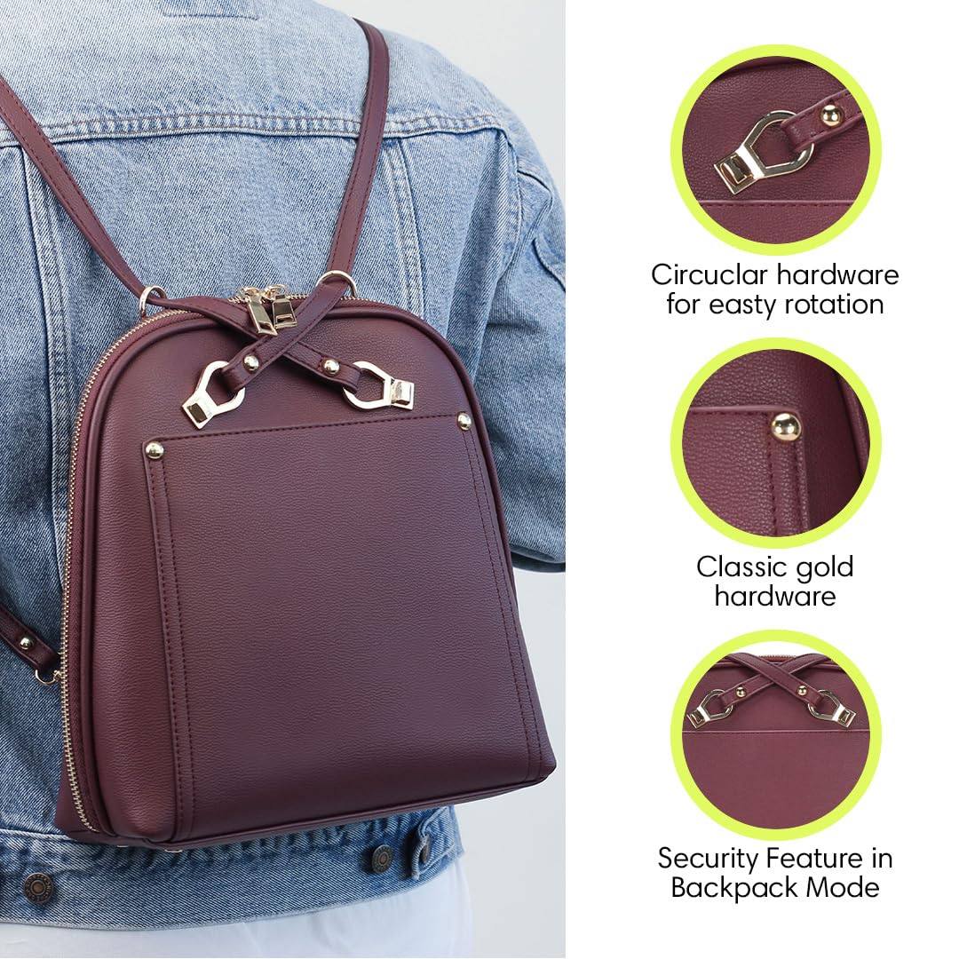 MMS Brands Miztique Daisy Convertible Backpack Purse for Women | Vegan Leather Shoulder Strap Bag or Convertible Backpack | (Berry)