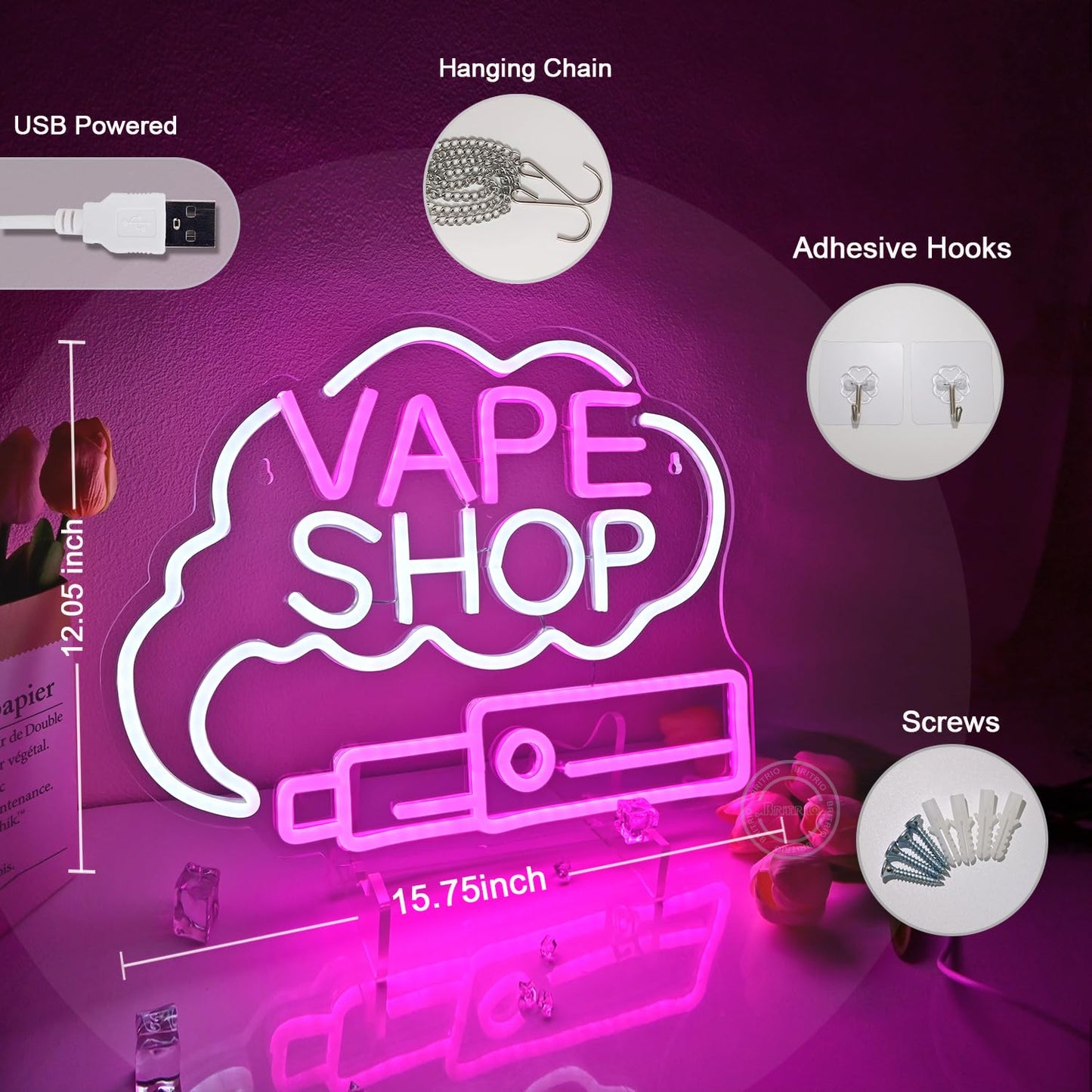 Britrio VAPE Shop Neon Light Wall Sign for Smoke Shop Business Stores Logo Window Display Man Cave Garage Bedroom Wall Art Decor Dad Husband Boyfriend Christmas Birthday Gift 5V USB