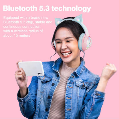 PHNIXGAM Cute Cat Bluetooth Headphones, Wireless & Wired Mode Headset with Mic, RGB LED Light, for Girls Women School Gaming, Compatible with Mobile Phones Tablet (Pink Blue)