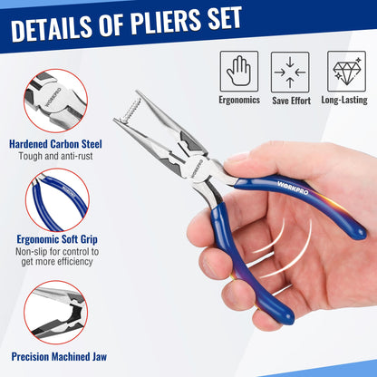 WORKPRO Pliers Set, 3-Piece Plier Tool Set with Soft Handle, 6" Needle Nose, 6" Slip Joint, 8" Groove Joint Plier for DIY & Home Use