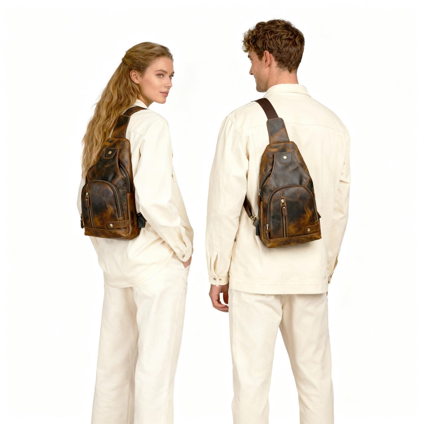 Handadsume Thick Crazy horse Leather Triangle Crossbody Sling Chest Bag Travel One Shoulder Bag Daypack For Men Male 3028 (8066 brown)