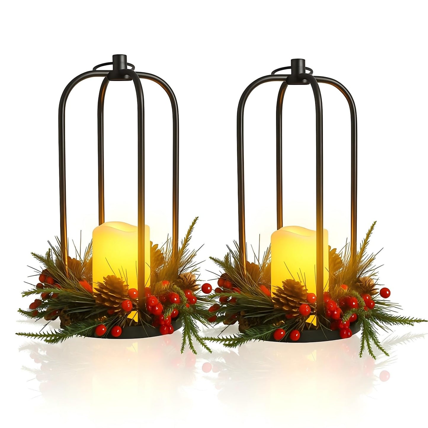 Bdor Christmas Lantern Decor Set of 2 – 14" Tall Hanging Metal Candle Holder with Pine Cones, Berries and LED Flameless Candle – Holiday Table Centerpiece for Indoor Home Decoration