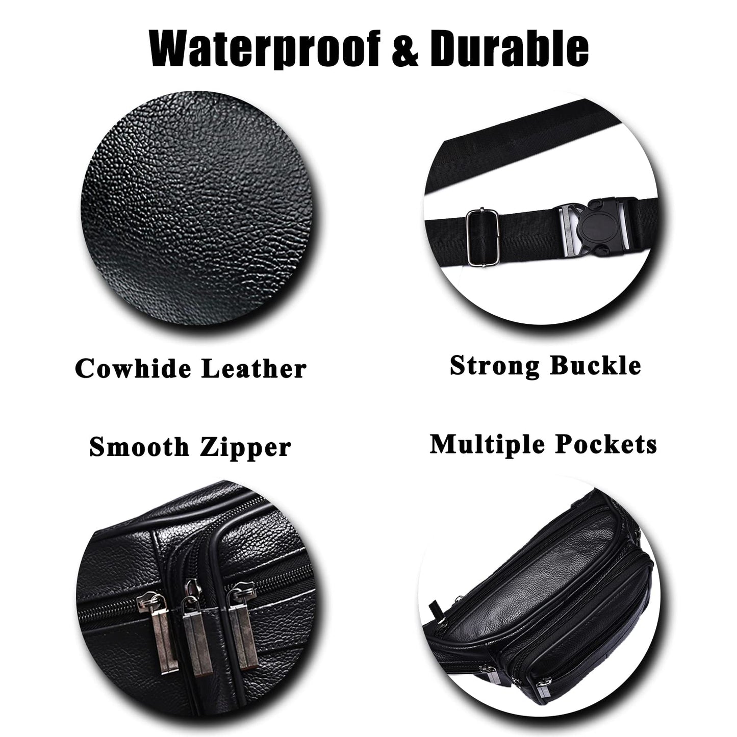 Fanny Pack, Genuine Leather Fanny Pack For Women Or Men, Large Cowhide 6 Zipper Pockets With Adjustable Strap Of Belt Waist Pack For Daily Life，Travelling， Running, Hiking Black a