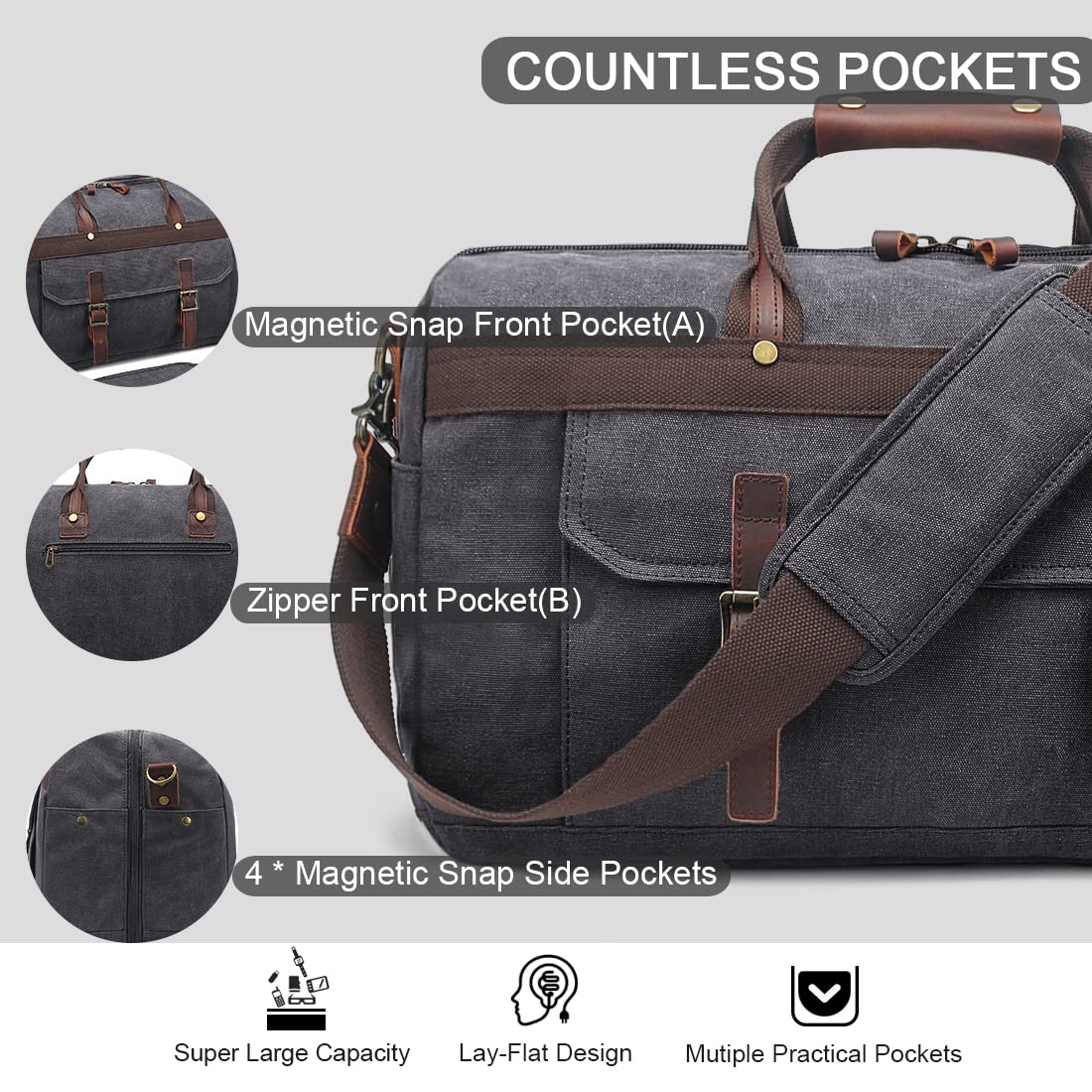 Duffle Bag for Men Waterproof Genuine Leather Canvas Travel Duffel Bags for Women Overnight Weekender Bag for Traveling, Black