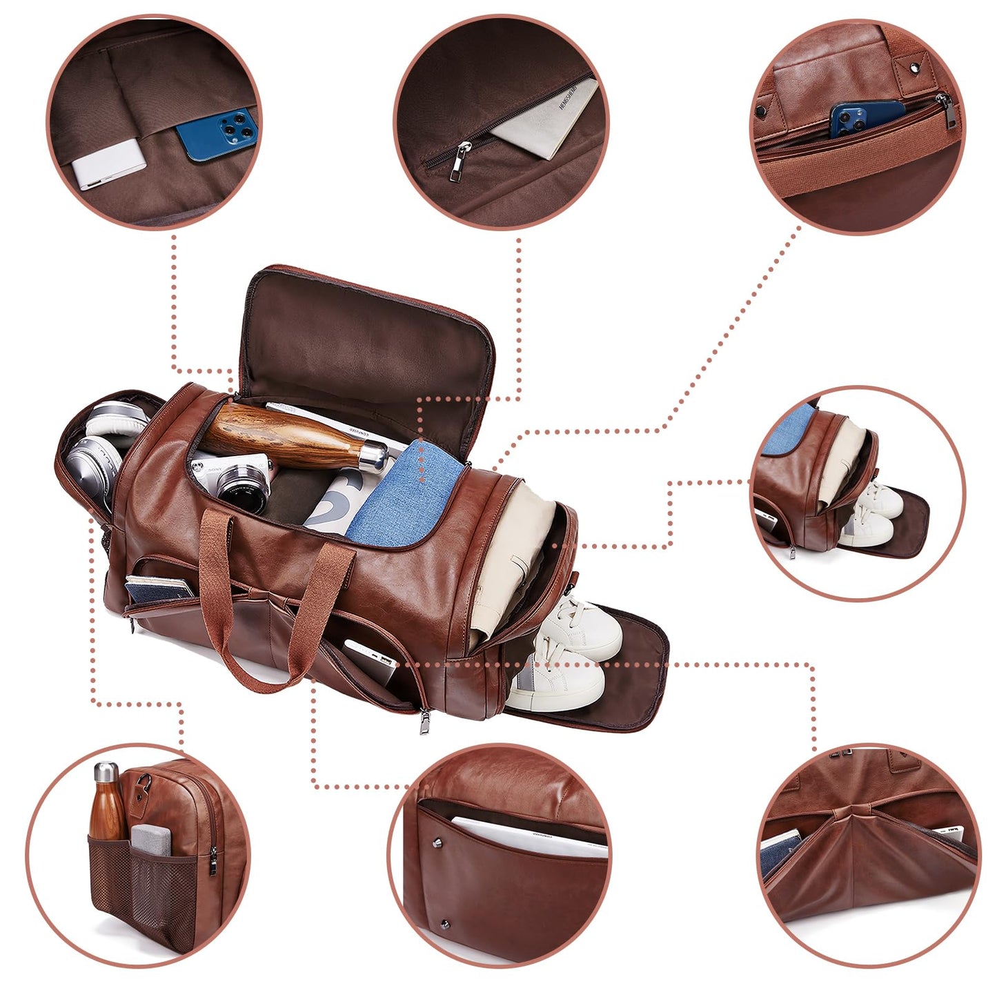 Leather Travel Duffle Bags for Men Women, Weekender Overnight Bag with Shoe Compartment Waterproof Carry on Duffle Bags for Airplanes Gym Sport Business Bag