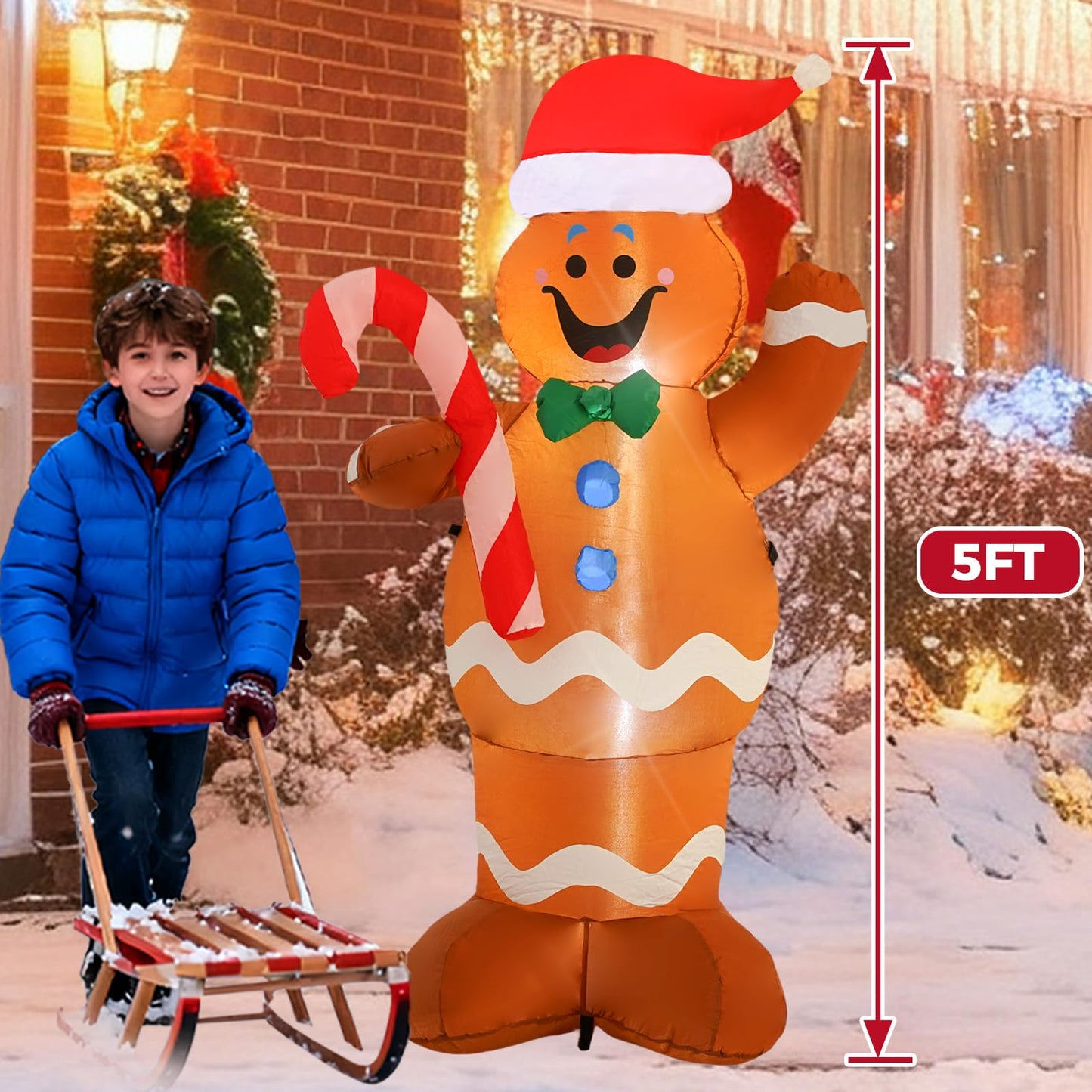 InfleasJoiy 5FT Pancake Man Inflatable Decoration with Built-in LED Lights, Christmas Outdoor Inflatable Decoration for Lawn, Yard, Garden, Patio