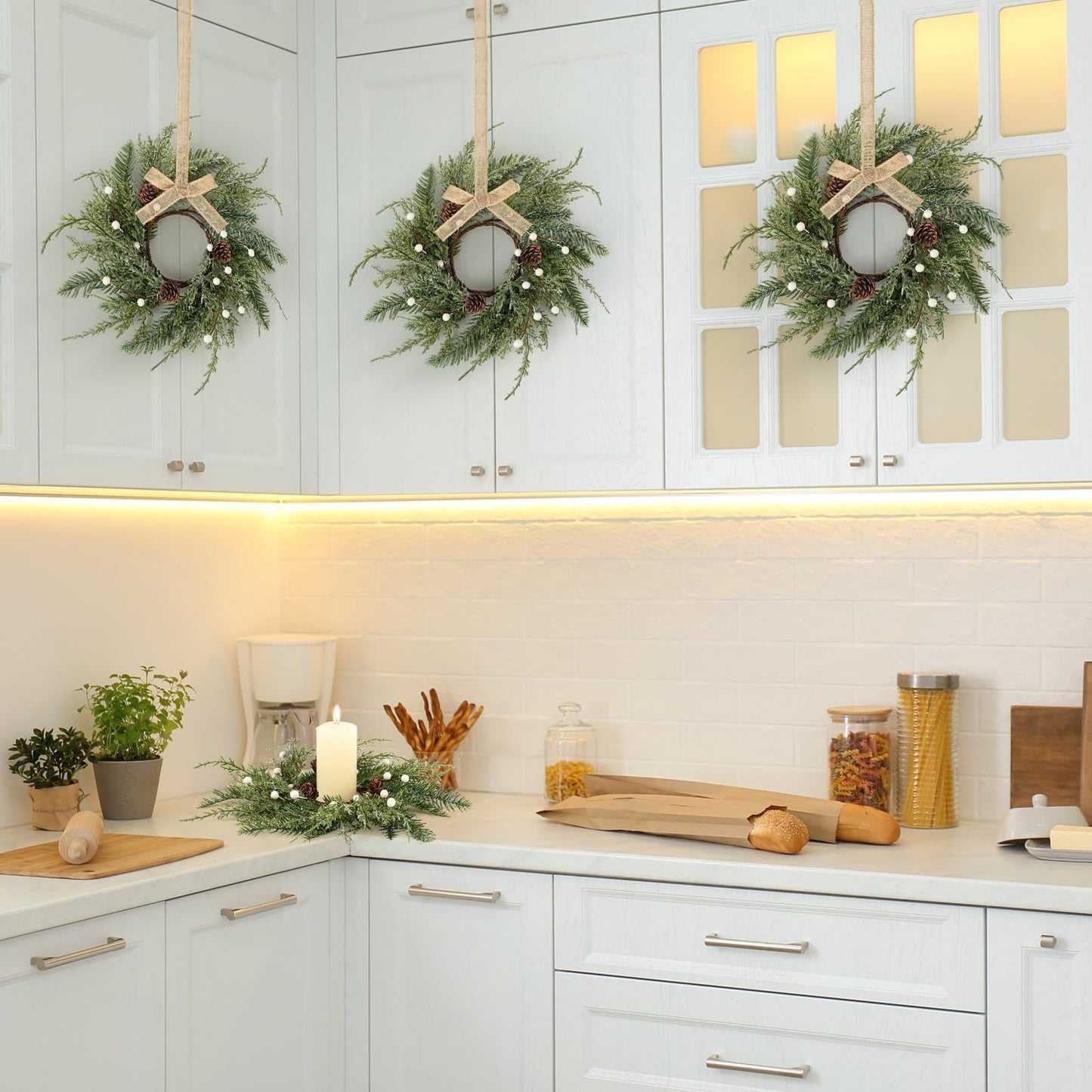 6 PCS Christmas Wreath Christmas Kitchen Cabinet Wreaths with Burlap Ribbon Mini Wreath Pine Garland Frosted Cedar Pine Cone Hanging Garlands Candle Rings for Front Door Window Chair Wall