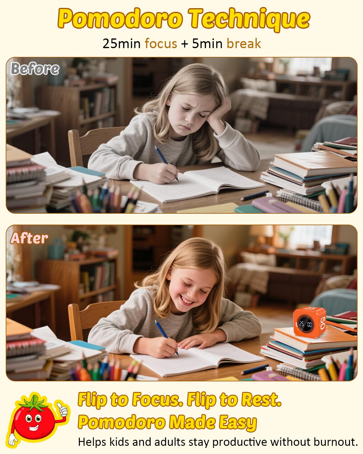 COWVTUJ Digital Pomodoro Timer Cube 5/10/25/50min, Visual Productivity Flip Timer for Kids Classroom Desk, Custom Countdown, Silent and Sound Mode for ADHD Study Work Game Kitchen (Orange)