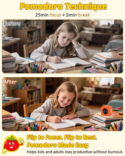 COWVTUJ Digital Pomodoro Timer Cube 5/10/25/50min, Visual Productivity Flip Timer for Kids Classroom Desk, Custom Countdown, Silent and Sound Mode for ADHD Study Work Game Kitchen (Orange)