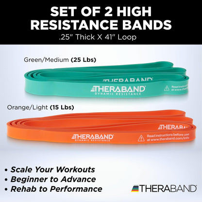 THERABAND High Resistance Band Set of 2, Light and Medium Elastic Super Bands for Full Body Workouts, Physical Therapy, Strength Training, Durable 41” Loop Exercise Bands, 15-25 lbs Resistance