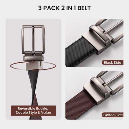 LMUGOOS 3 Pack Mens Belt Reversible Genuine Leather Belts - Adjustable & Cuttable 1.2" for Dress, Business, Casual & Jeans | Ideal Gift for Men, Dad, Husband on Birthday, Anniversary & Father's Day