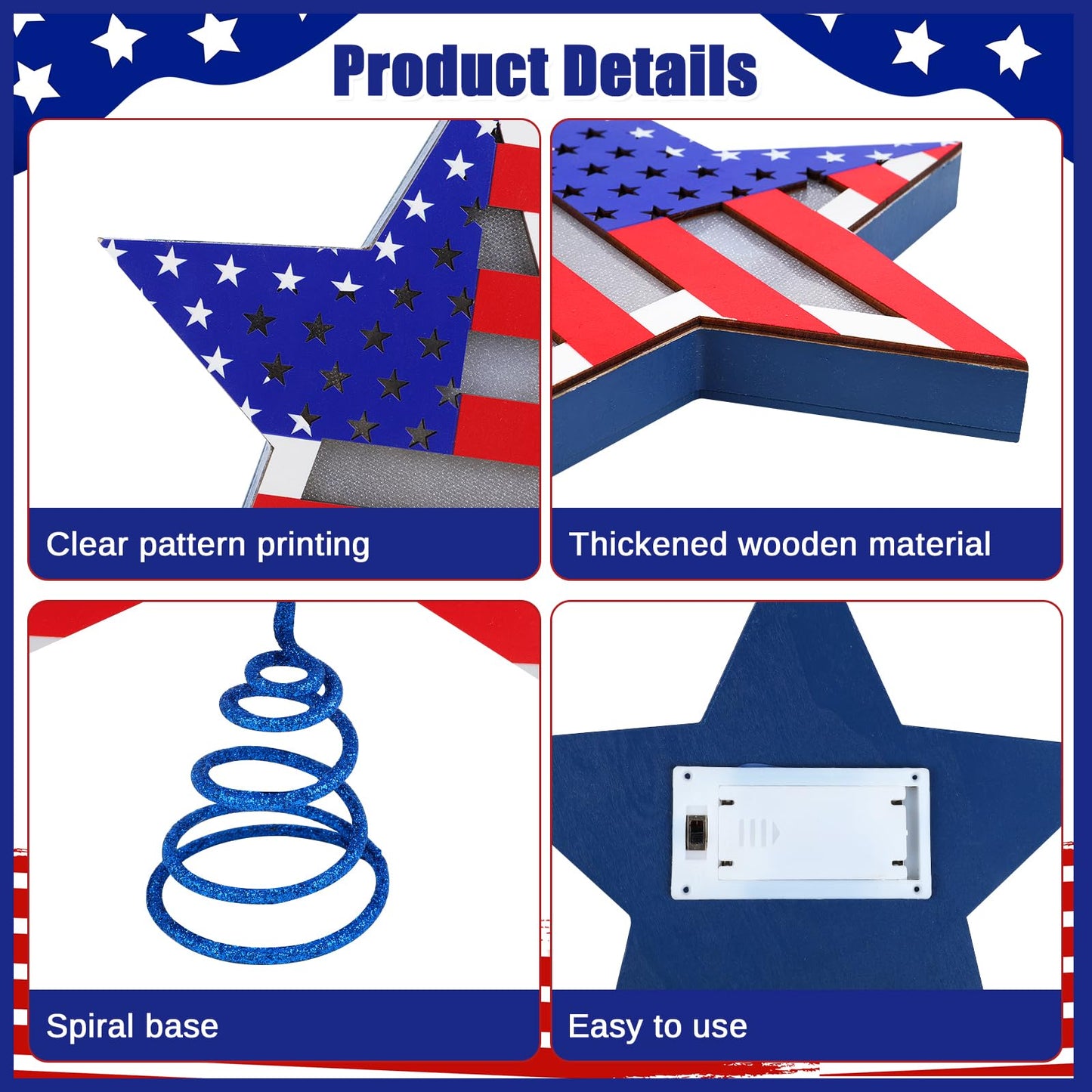 Fangoo 9.8 Inch 4th of July Patriotic Star Tree Topper with LED Lights Memorial Day USA 250th Anniversary Red White and Blue Christmas Tree Toppers for Independence Day Home Office Party Decor