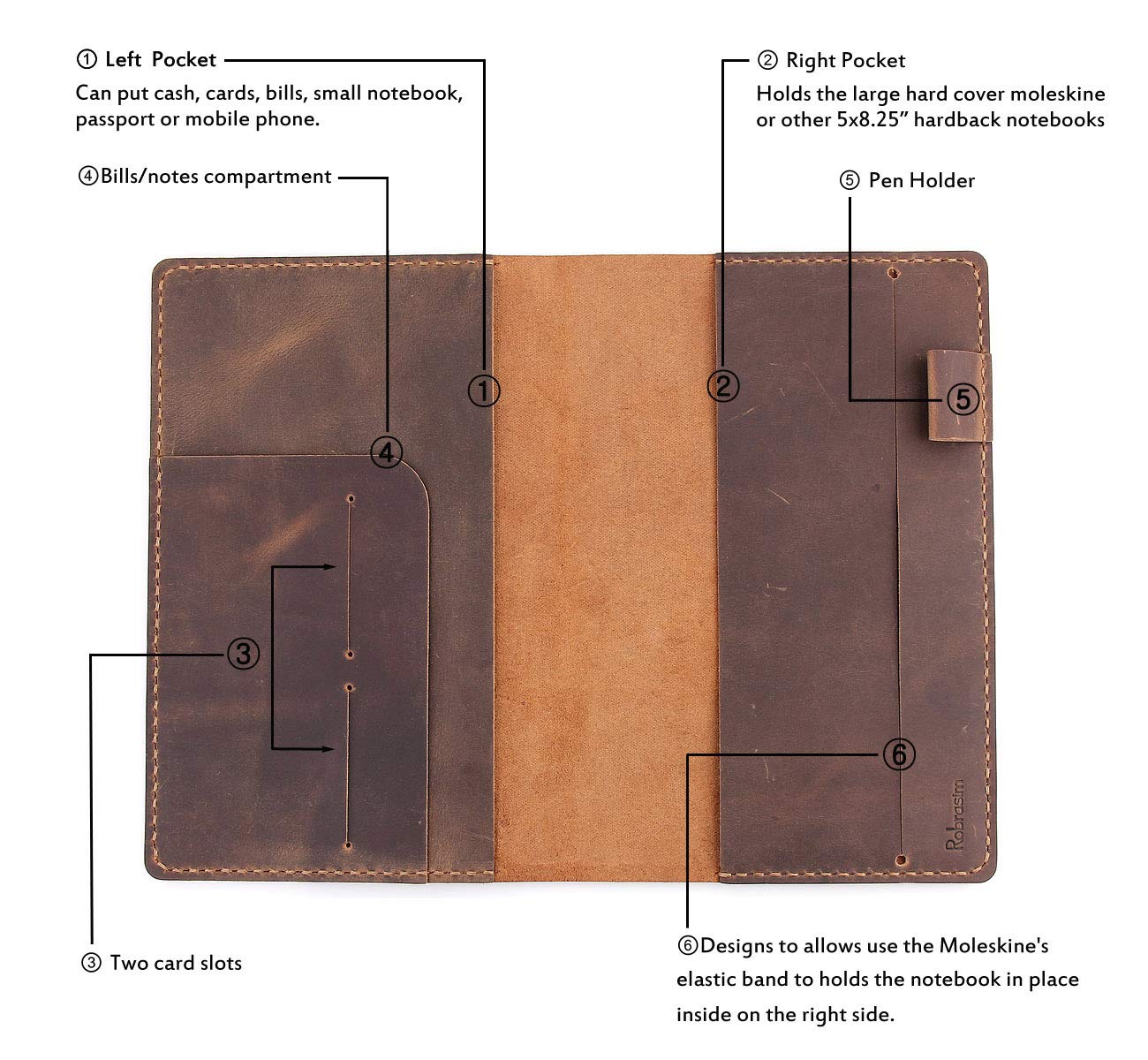Robrasim Leather Journal Cover Fits for Moleskine Large Hard Cover Notebook, Handmade Vintage Leather Cover for 5"x8.25" Hardcover Notebooks - Brown