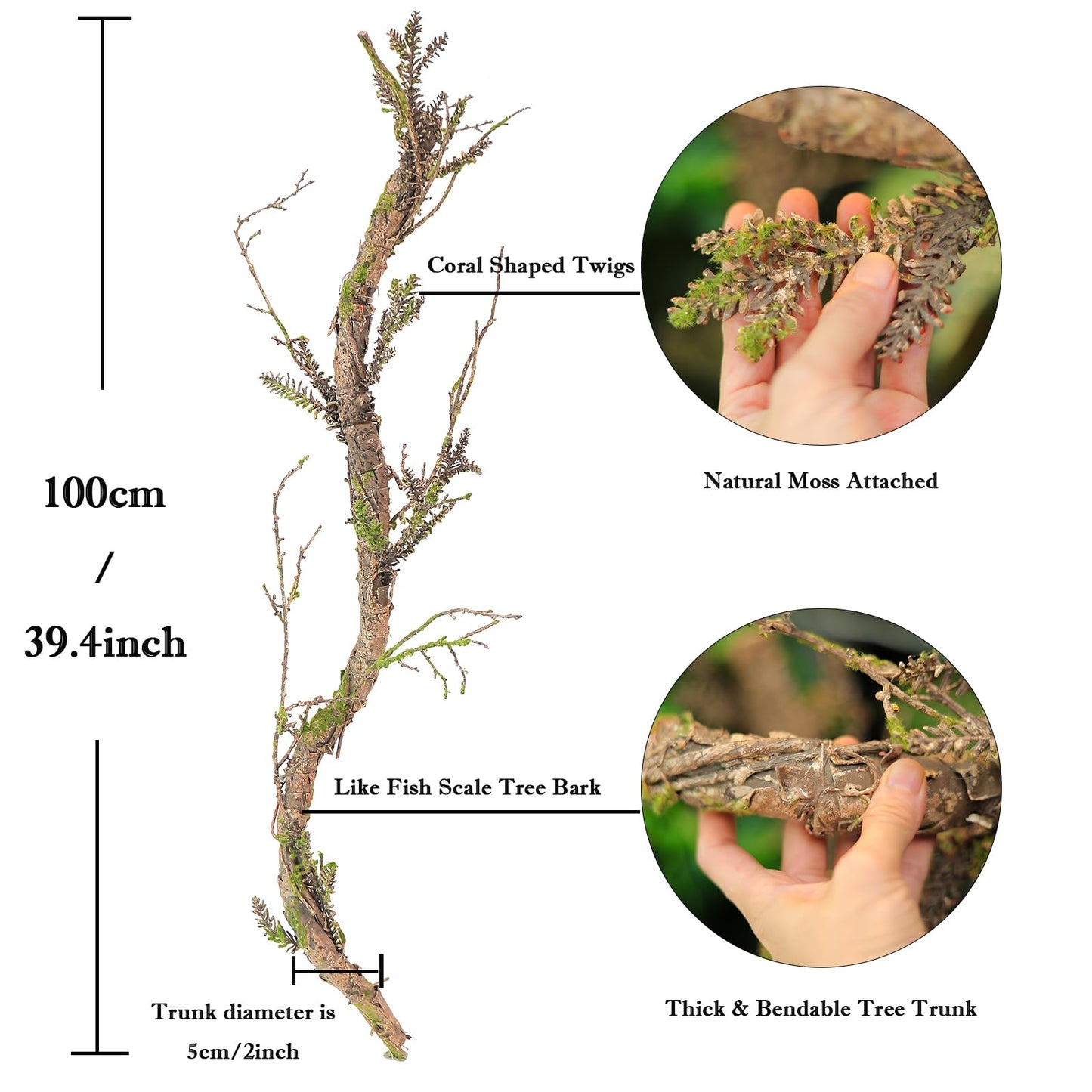 2Pcs 39.4inch Thick Bendable Artificial Tree Trunk Fake Large Wood Branches Twig Moss Grape Vine Garland Twisted Stick For Terrarium Outdoor Hanging Mantel Reptile Climbing Wall Yules Decorations