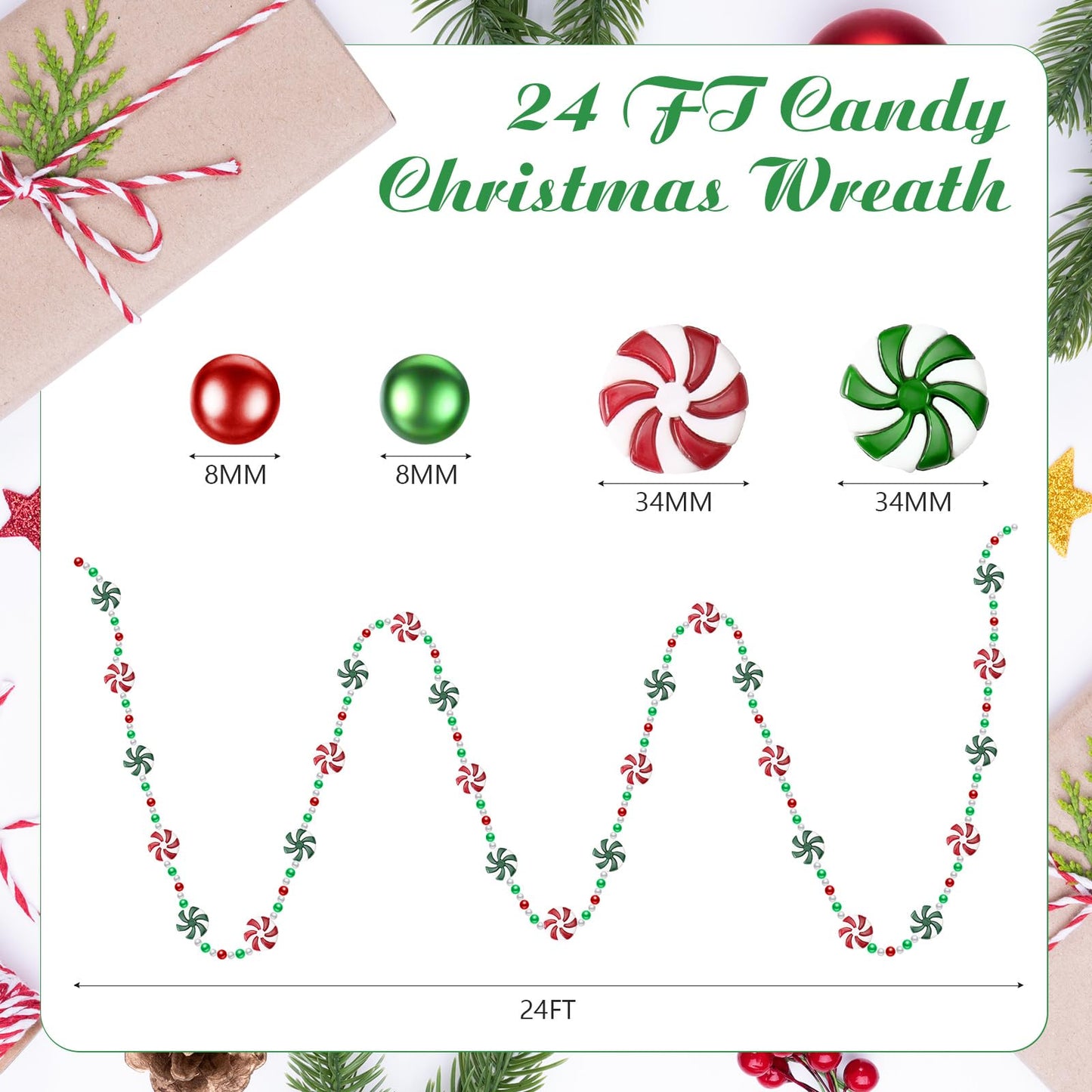 LCPQMZGH 24 feet Peppermint Garland Christmas Tree Bead Garland for Xmas Party Supplies Holiday Favors Ornaments
