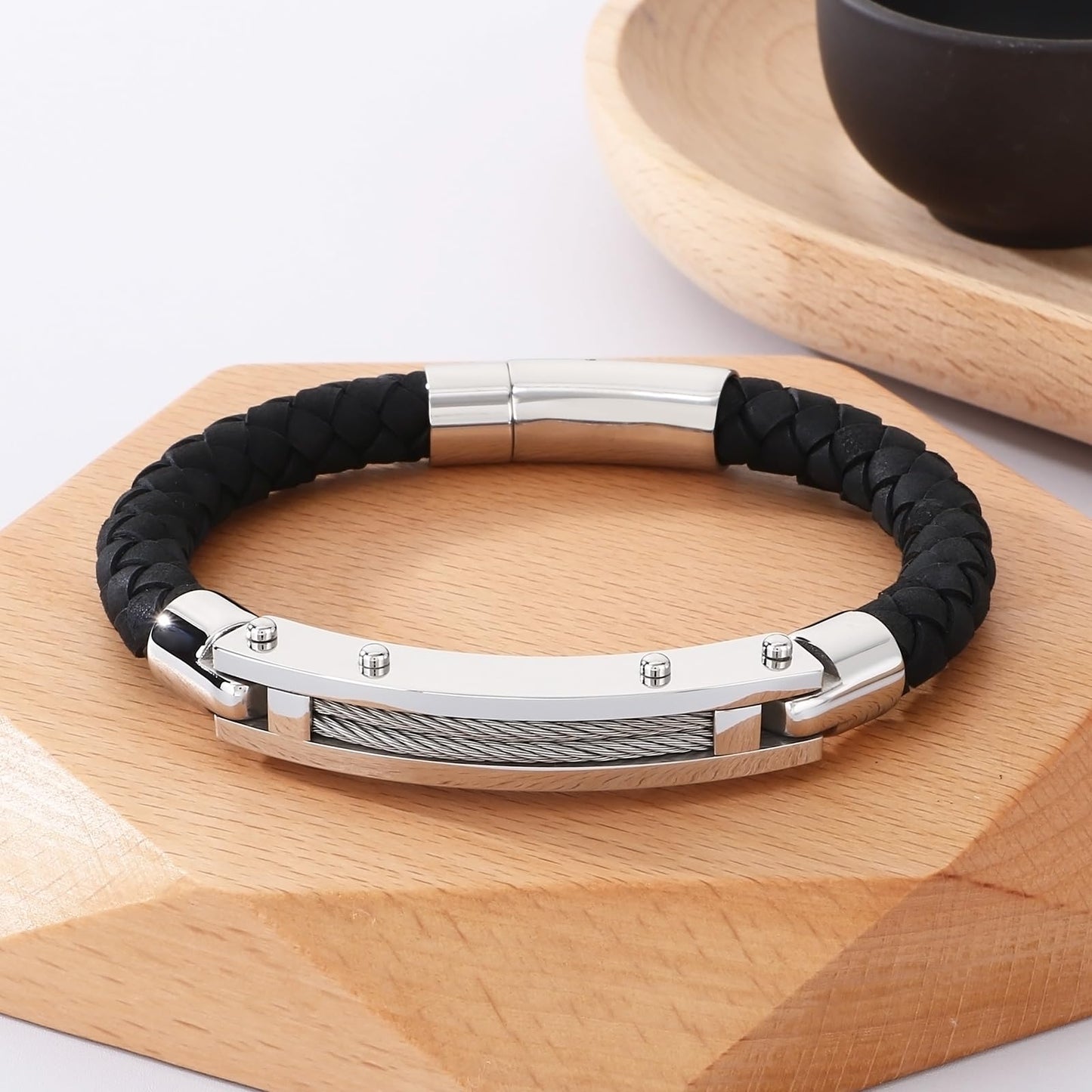 Azubpi Black Braided Leather Bracelet for Men, Stainless Steel Push-In Clasp Casual Fashion Jewelry Gift for Him