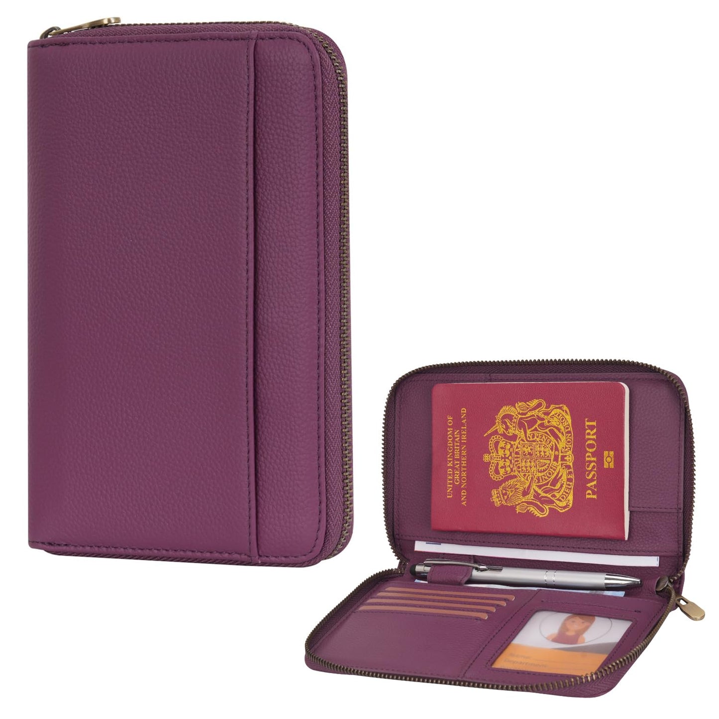 WASON Leather Zipper Travel Passport Wallet Holder RFID Blocking Cover, Passport case Pocket Slot for Card, Cash, ID, Boarding Pass and Ticket for Men, Women and Family Trips (Purple)