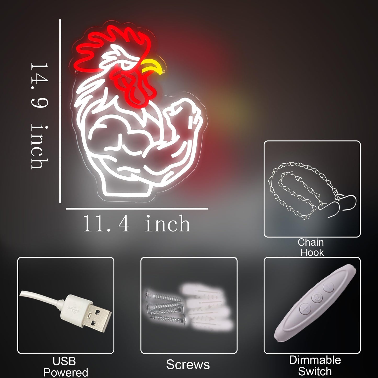 Muscular Rooster Gym Neon Sign for Home Gym Decor, Bodybuilding Funny Chicken Led Neon Light for Workout Trainer Room, Farmhouse,Bold Gifts for Game Rooms, and Man Caves