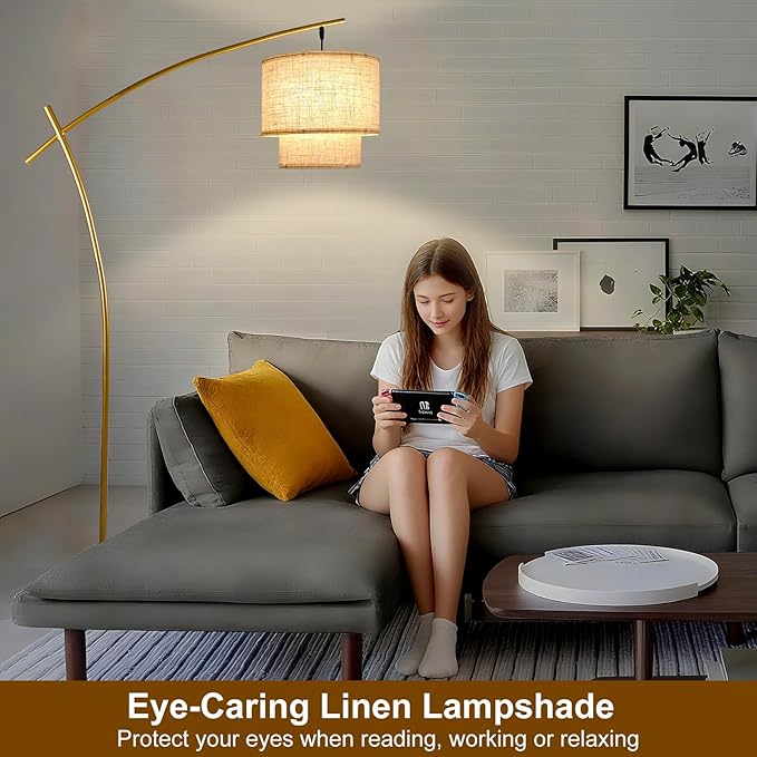 Lightdot Arc Floor Lamp for Living Room, Modern Standing Tall Lamps with Double Linen Lampshade, Tall Hanging Pole Lamp with Stable Metal Base & Foot Switch for Bedroom Home Office-Gold