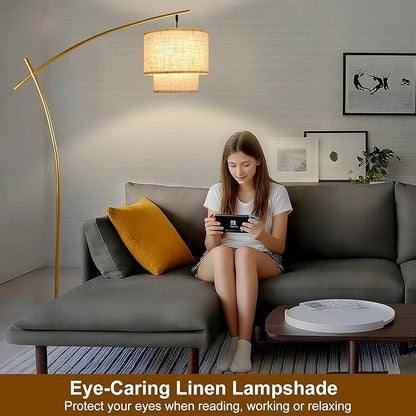 Lightdot Arc Floor Lamp for Living Room, Modern Standing Tall Lamps with Double Linen Lampshade, Tall Hanging Pole Lamp with Stable Metal Base & Foot Switch for Bedroom Home Office-Gold