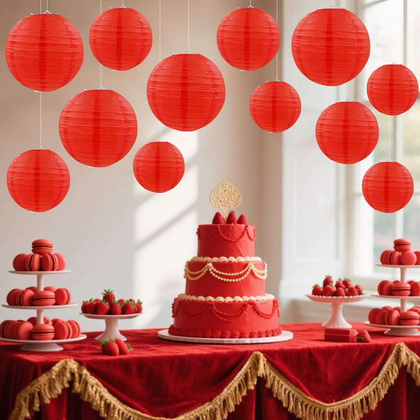 FUGUIR Red Paper Lanterns Round Hanging Paper Lanterns Decorations for Birthday Wedding Baby Bridal Shower Christmas Home Party Decoration (12 PCS)