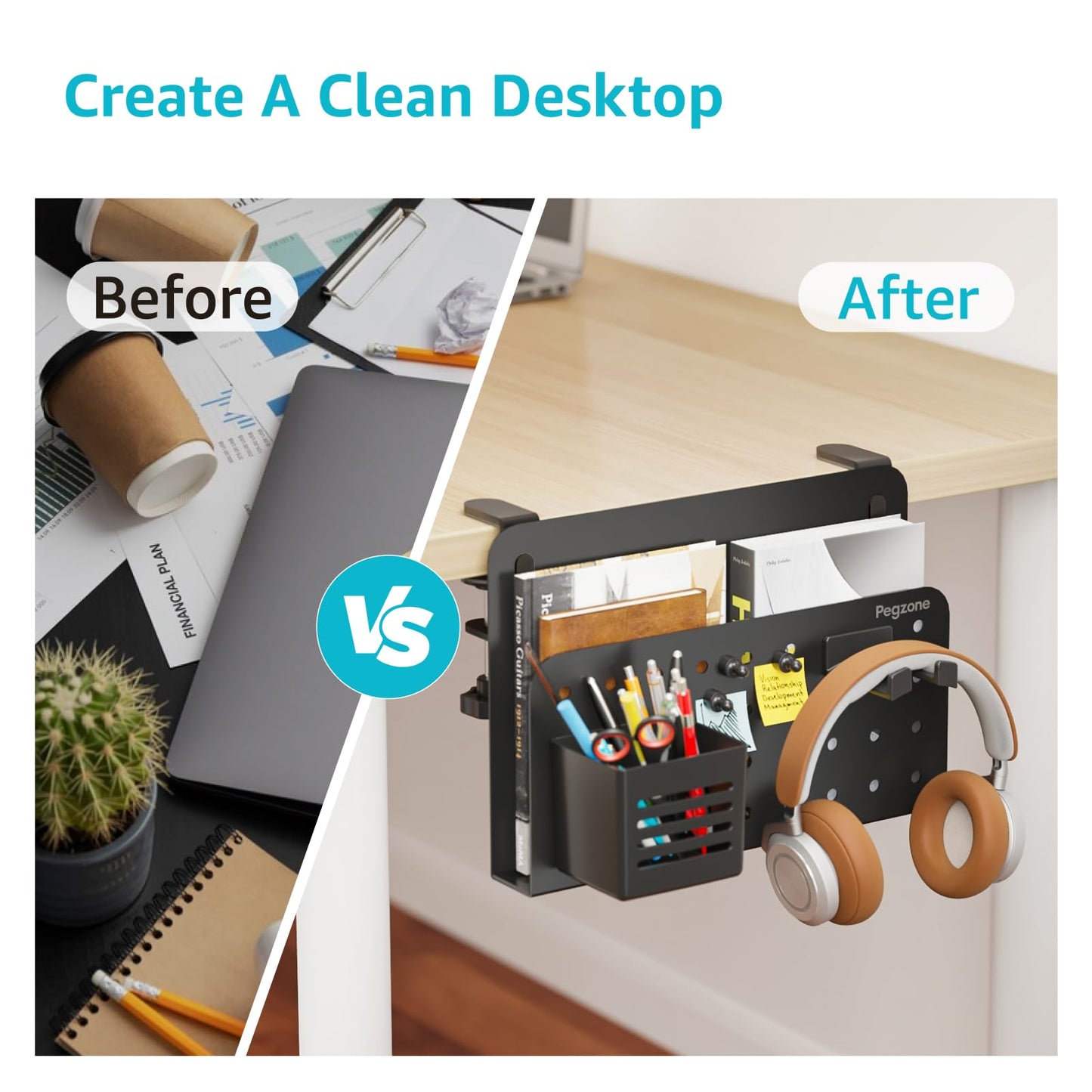 PEGZONE Desk Side Storage Organizer, No Drill Under Desk Laptop Holder, Clamp on Desks Shelf with Pegboard Accessories, Hanging Laptop Mount, Fits Flat Edge 0.4" to 2.2", Black
