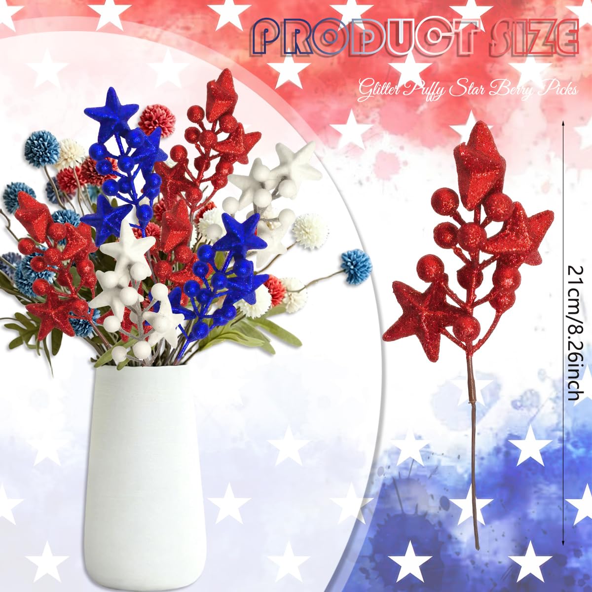BASEMMAHER 6 Pcs Patriotic Glitter Puffy Star Berry Picks Foam Sparkly Sticks 4th of July Artificial Red White Blue Faux Berry Flower Branches for Independence Day Party Table Centerpieces Vase Decor