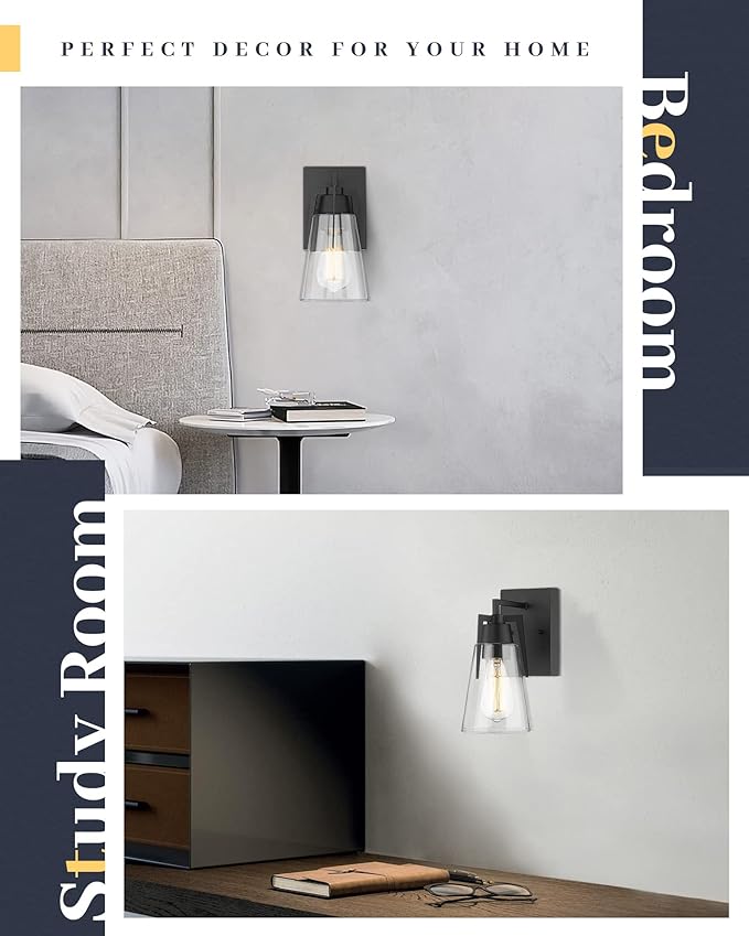 EAPUDUN Vintage Bathroom Lighting Fixtures Over Mirror, 1-Light Modern Vanity Lights Black Finish Industrial Wall Sconce with Clear Glass Shade, WLA1395-MBK