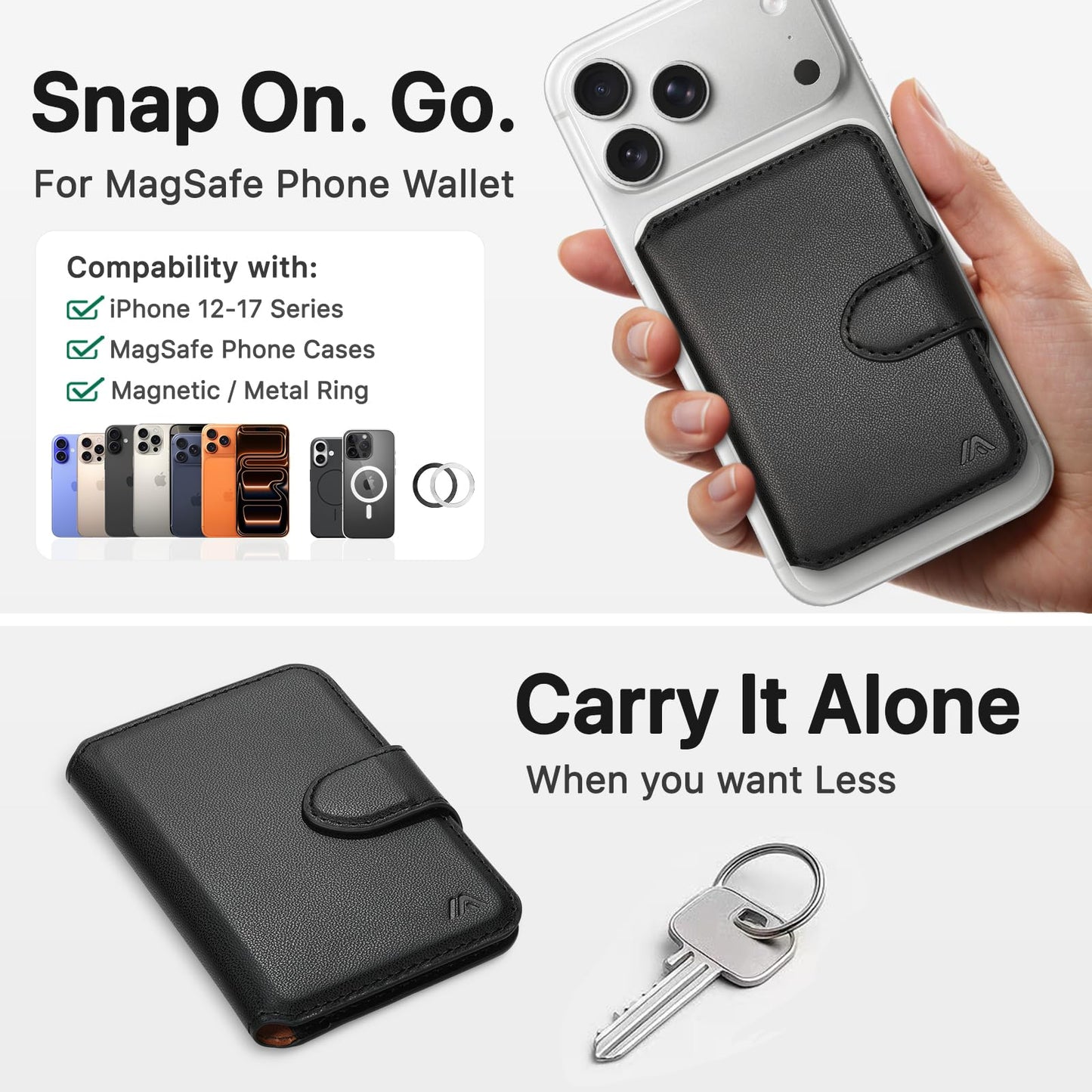 MEFON for MagSafe Wallet, Magnetic Phone Wallet RFID Blocking, Slim 5-8 Card Holder with Cash Slot & Clear ID Window, Minimalist Mag Safe Wallets for iPhone 17/16/15/14/13/12 Series, Midnight Black