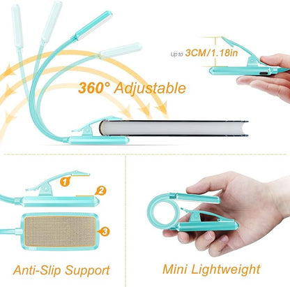 Gritin 9 LED Rechargeable Book Light for Reading in Bed - Eye Caring 3 Color Temperatures,Stepless Dimming Brightness,80 Hrs Runtime Small Lightweight Clip On Book Reading Light for Studying -Blue