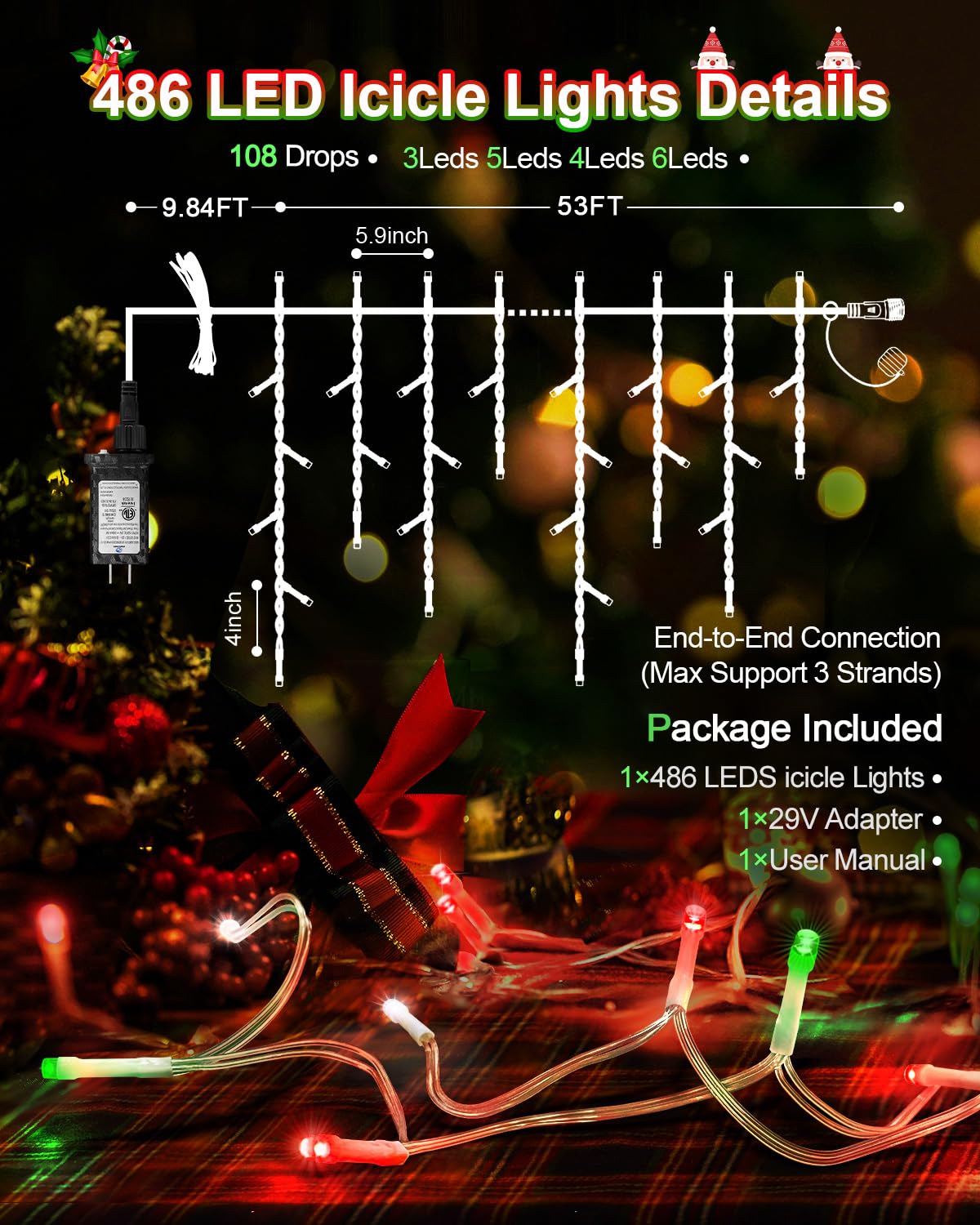 Christmas Lights Outdoor, 53 FT 486 LED Christmas Lights for Outside, Timer & Memory, Plug in 8 Modes Hanging Fairy Light with 108 Drops for House Eaves Yard Patio Decorations, Red Green and White