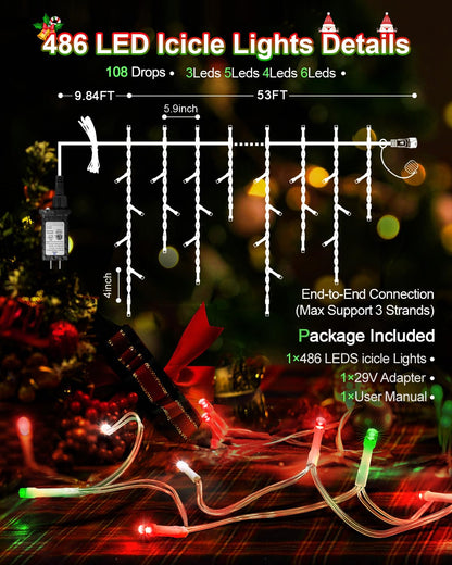 Christmas Lights Outdoor, 53 FT 486 LED Christmas Lights for Outside, Timer & Memory, Plug in 8 Modes Hanging Fairy Light with 108 Drops for House Eaves Yard Patio Decorations, Red Green and White