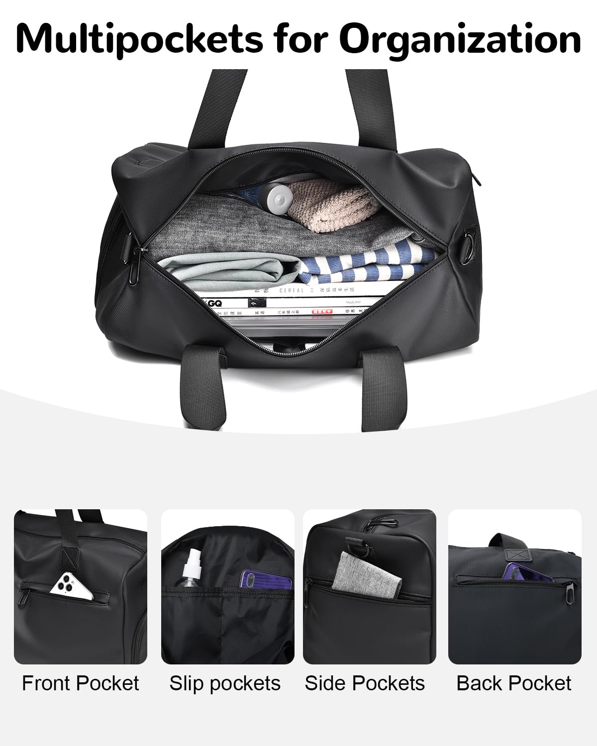Outplea Small Gym Bag for Men Women, 18L Waterproof Travel Duffle Bag with Shoe Compartment & Wet Pocket, Carry on Personal Item Bags for Travel Airplane, Black