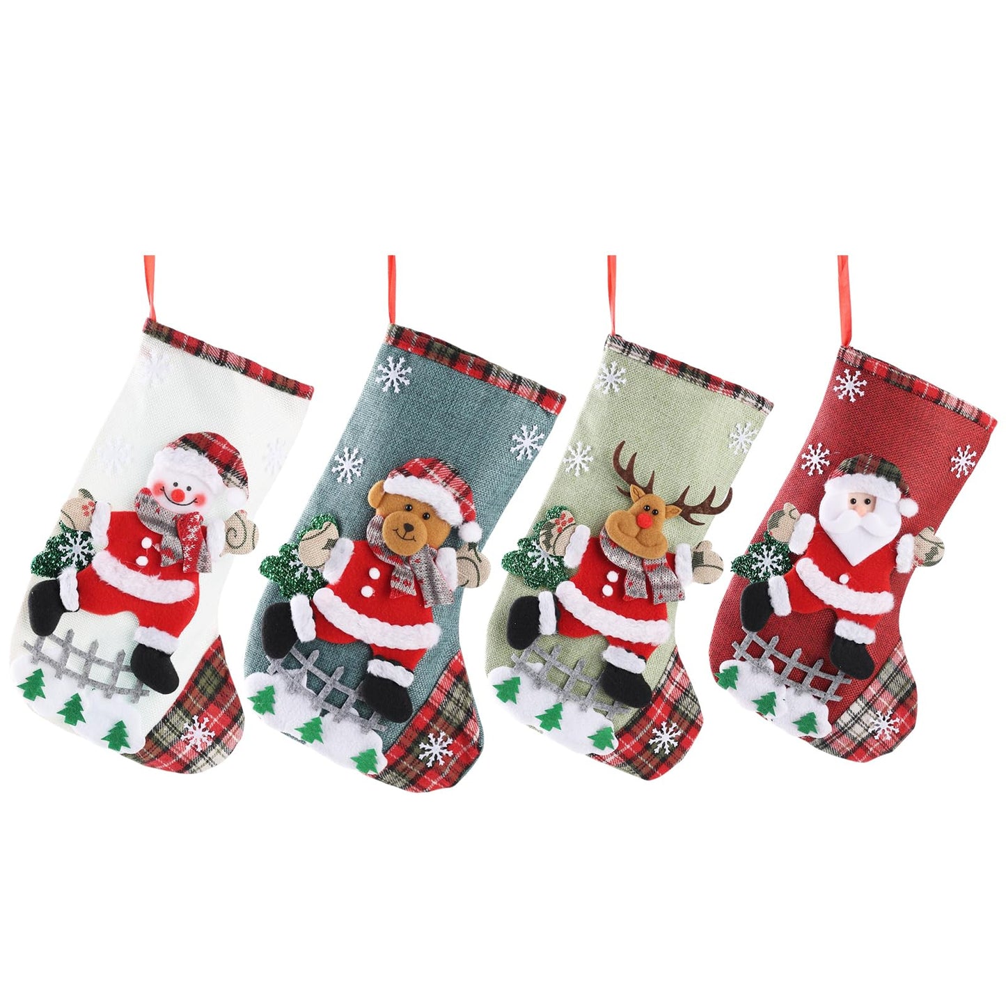 Poreids Christmas Stockings Personalized 4 Pack - Customized Small Xmas Stockings Bulk with Reindeer, Santa Claus, Snowman, Bear for Christmas Home Decorations, Set of 4